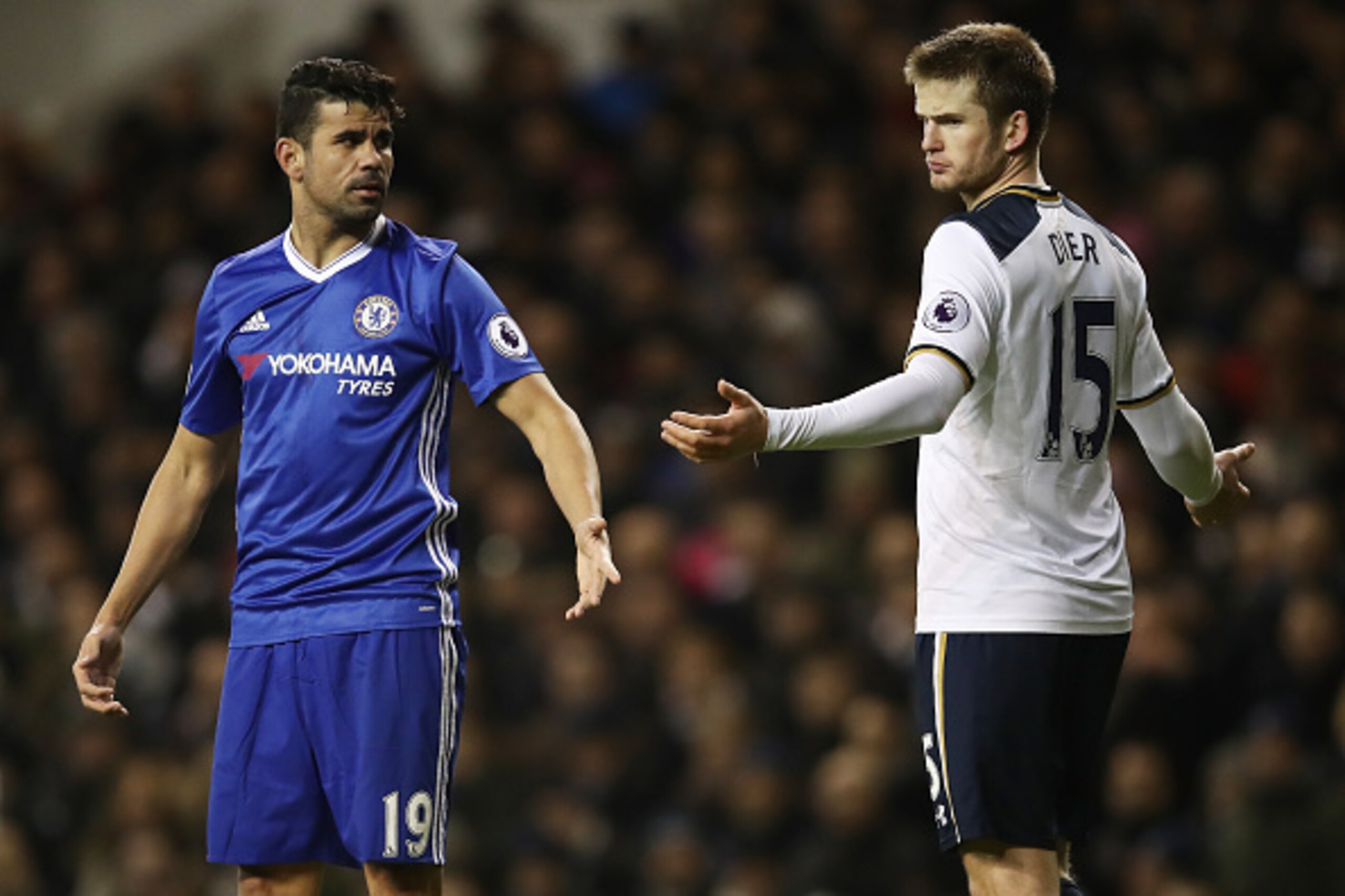 LONDON, ENGLAND - JANUARY 04:  Diego Costa of Chelsea (L) and Eric Dier of Tottenham Hotspur (R) exchange wrords during the Premier League match between Tottenham Hotspur and Chelsea at White Hart Lane on January 4, 2017 in London, England.  (Photo by Jul