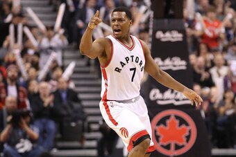 TORONTO, ON - JANUARY 05: Kyle Lowry #7 of the Toronto Raptors argues for a foul after hitting a three-pointer against the Utah Jazz during NBA game action at Air Canada Centre on January 5, 2017 in Toronto, Canada. NOTE TO USER: User expressly acknowledg