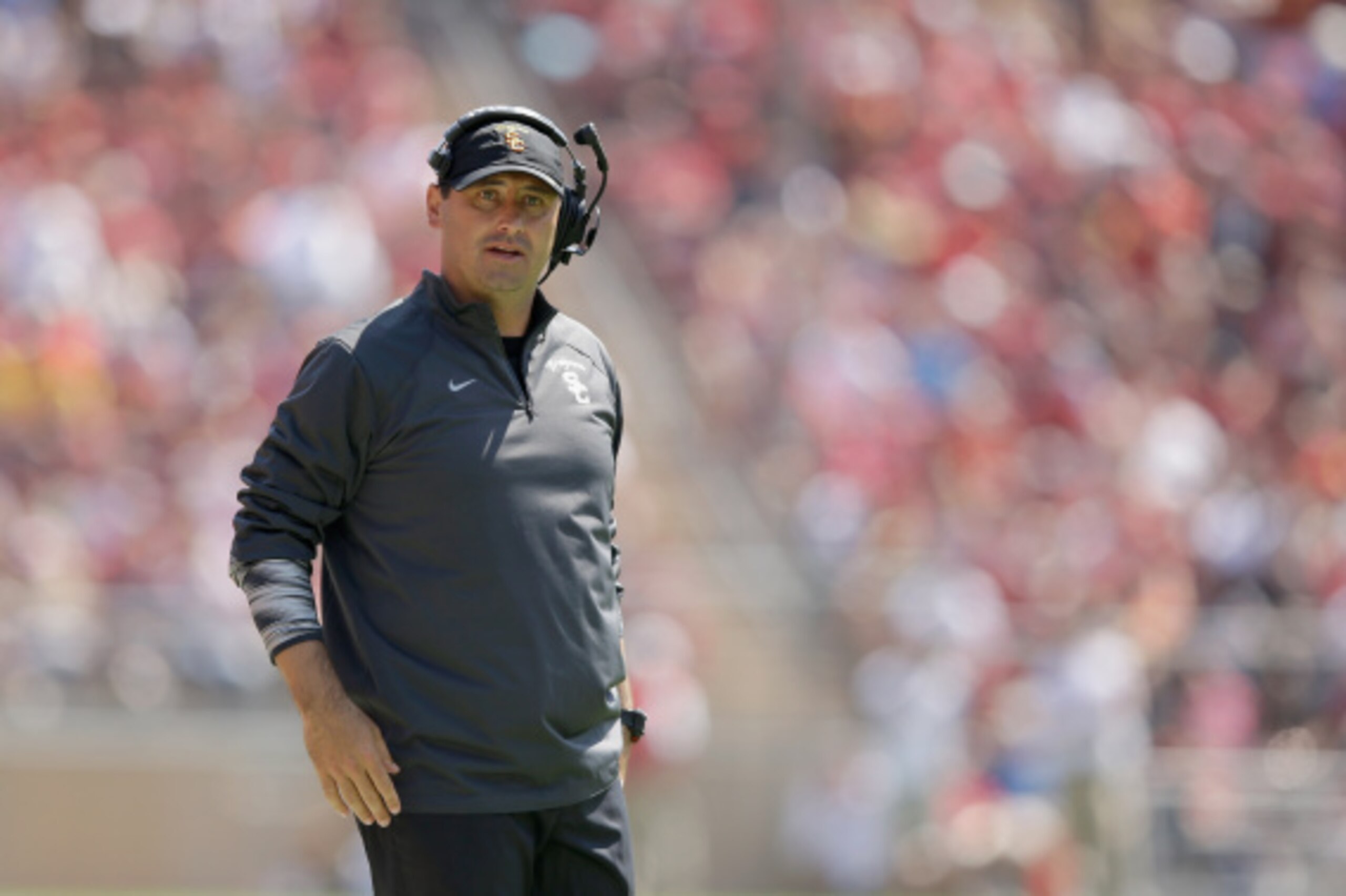 PALO ALTO, CA - SEPTEMBER 06:  USC head coach Steve Sarkisian stands on the sidelines during their game against the Stanford Cardinal at Stanford Stadium on September 6, 2014 in Palo Alto, California.  (Photo by Ezra Shaw/Getty Images)