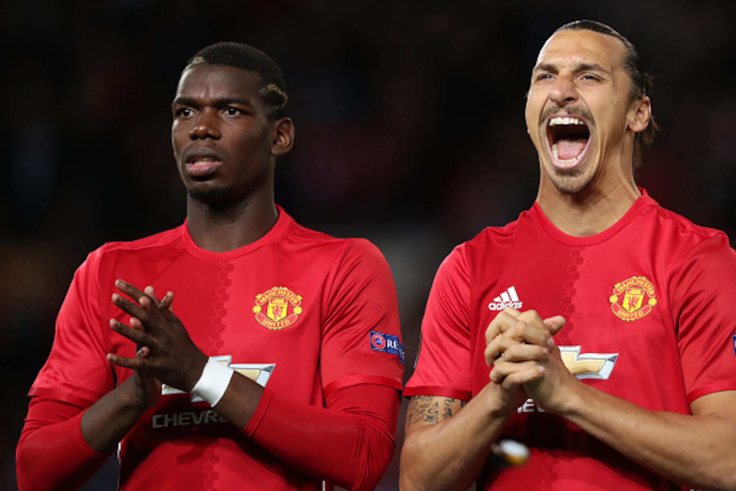 MANCHESTER, ENGLAND - SEPTEMBER 29: Paul Pogba and Zlatan Ibrahimovic of Manchester United before the UEFA Europa League match between Manchester United FC and FC Zorya Luhansk at Old Trafford on September 29, 2016 in Manchester, England. (Photo by Matthe