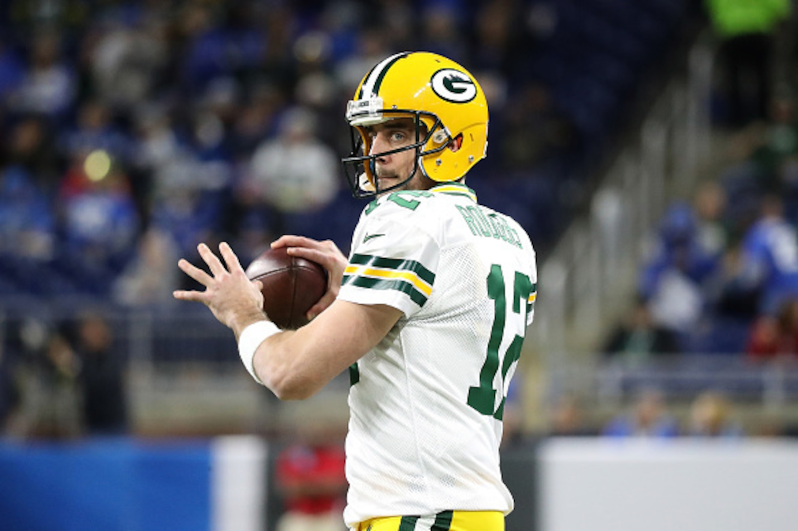 DETROIT, MI - JANUARY 01: Aaron Rodgers #12 of the Green Bay Packers warms up prior to the start of the game against the Detroit Lions at Ford Field on January 1, 2017 in Detroit, Michigan. Green Bay defeated Detroit 31-24. (Photo by Leon Halip/Getty Imag