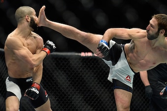 TORONTO, CANADA - DECEMBER 10:  (R-L) Lando Vannata kicks John Makdessi of Canada in their lightweight bout during the UFC 206 event inside the Air Canada Centre on December 10, 2016 in Toronto, Ontario, Canada. (Photo by Brandon Magnus/Zuffa LLC/Zuffa LL