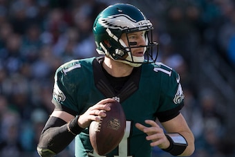 PHILADELPHIA, PA - JANUARY 1: Carson Wentz #11 of the Philadelphia Eagles looks to pass the ball against the Dallas Cowboys at Lincoln Financial Field on January 1, 2017 in Philadelphia, Pennsylvania. The Eagles defeated the Cowboys 27-13. (Photo by Mitch