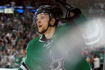 DALLAS, TX - APRIL 29:  Radek Faksa #12 of the Dallas Stars celebrates after scoring the game winning goal against Brian Elliott #1 of the St. Louis Blues in the third period in Game One of the Western Conference Second Round during the 2016 NHL Stanley C