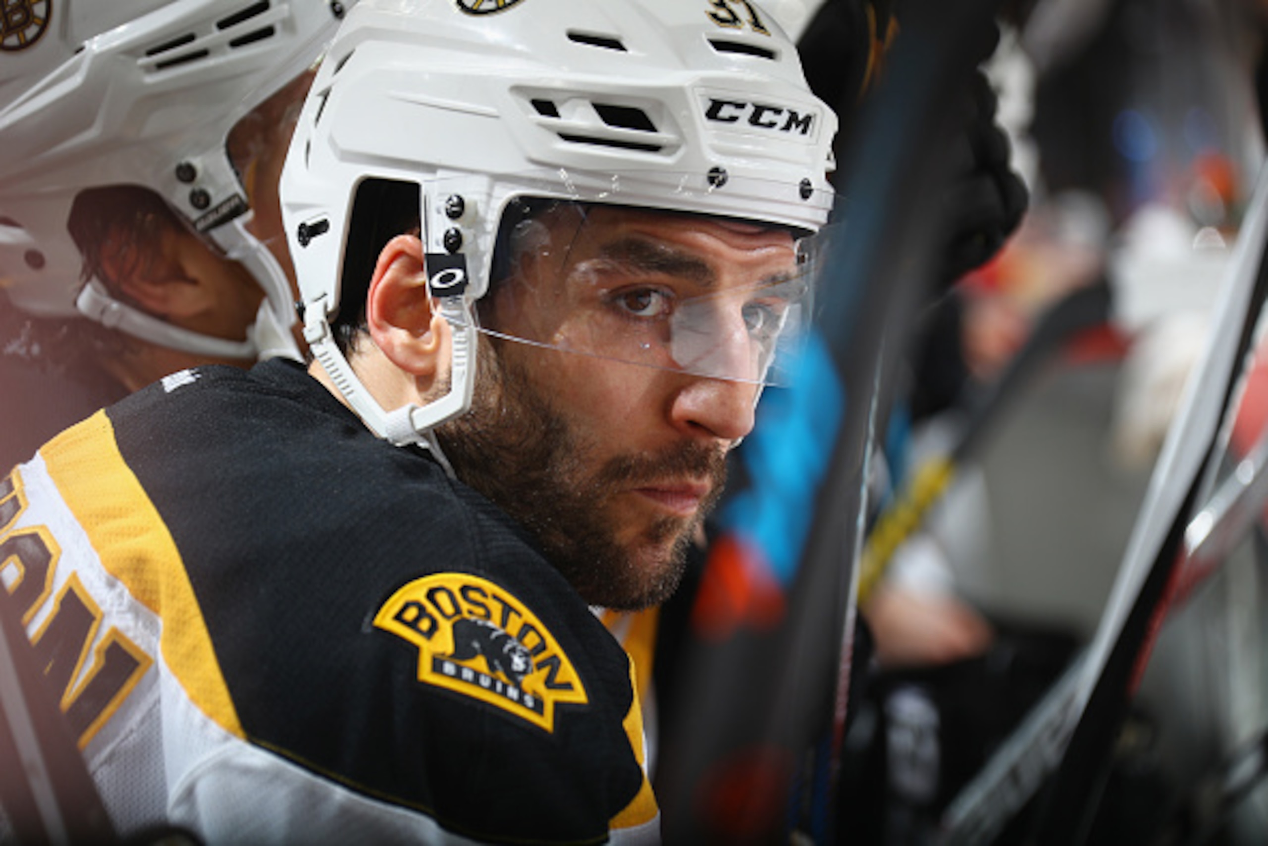 NEWARK, NJ - JANUARY 02:  Patrice Bergeron #37 of the Boston Bruins prepares to play against the New Jersey Devils at the Prudential Center on January 2, 2017 in Newark, New Jersey. The Devils shut out the Bruins 3-0.  (Photo by Bruce Bennett/Getty Images