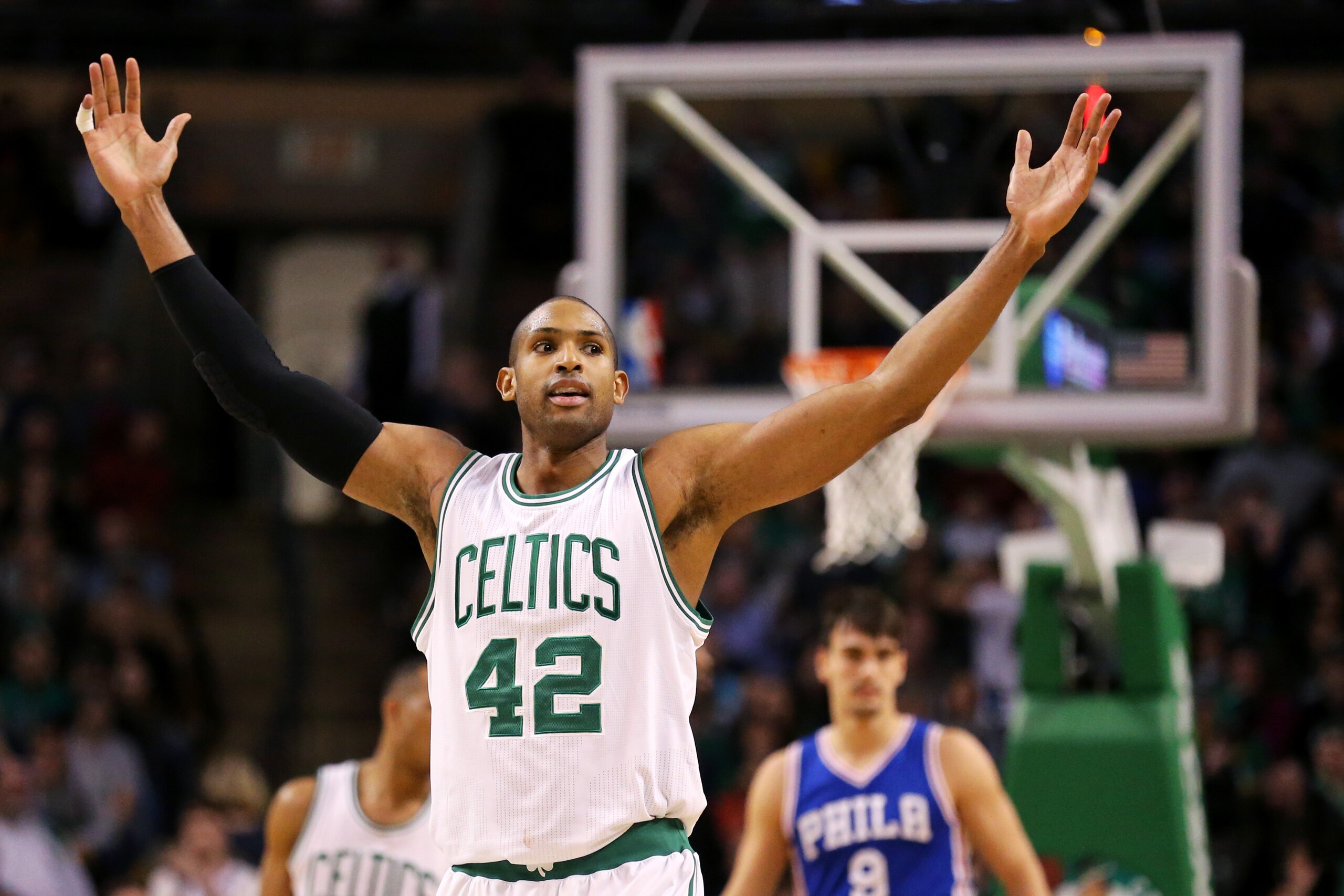 BOSTON, MA - JANUARY 6: Al Horford #42 of the Boston Celtics reacts during the third quarter against the Philadelphia 76ers at TD Garden on January 6, 2017 in Boston, Massachusetts. The Celtics defeat the 76ers 110-106. NOTE TO USER: User expressly acknow