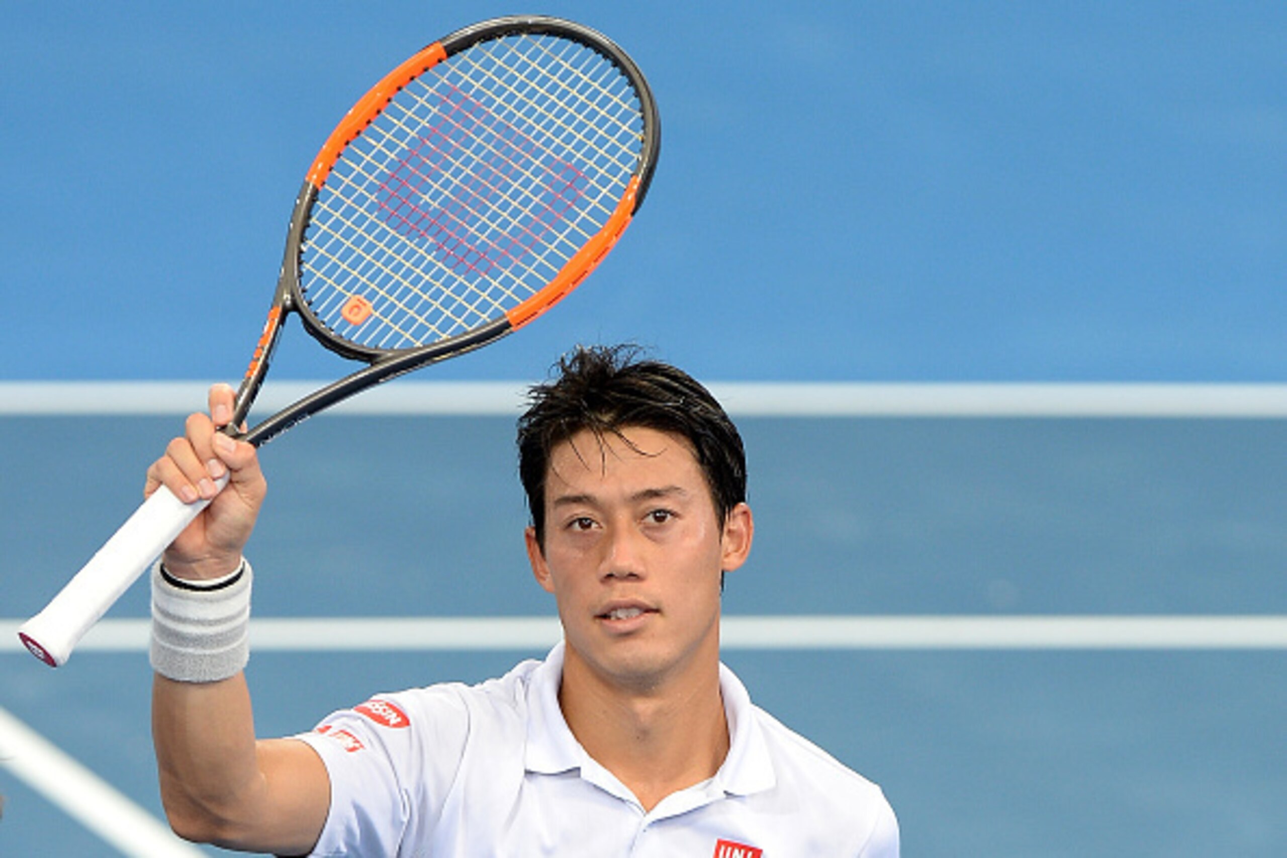 BRISBANE, AUSTRALIA - JANUARY 07: Kei Nishikori of Japan celebrates victory against Stan Wawrinka of Switzerland after their semi final match on day seven of the 2017 Brisbane International at Pat Rafter Arena on January 7, 2017 in Brisbane, Australia. BRISBANE, AUSTRALIA - JANUARY 07: Kei Nishikori of Japan celebrates victory against Stan Wawrinka of Switzerland after their semi final match on day seven of the 2017 Brisbane International at Pat Rafter Arena on January 7, 2017 in Brisbane, Australia.