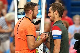 PERTH, AUSTRALIA - JANUARY 07:  Richard Gasquet of France shakes hands with Jack Sock of the United States after winning the men's singles match during the 2017 Hopman Cup Final at Perth Arena on January 7, 2017 in Perth, Australia.  (Photo by Paul Kane/G