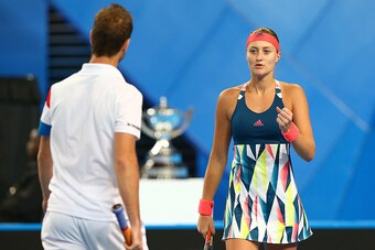 PERTH, AUSTRALIA - JANUARY 07:  Kristina Mladenovic and Richard Gasquet of France celebrates a point in the mixed doubles match against Coco Vandeweghe and Jack Sock of the United States during the 2017 Hopman Cup Final at Perth Arena on January 7, 2017 i