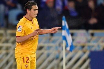 Sevilla's French forward Wissam Ben Yedder celebrates after scoring a goal during the Spanish league football match Real Sociedad vs Sevilla FC at the Anoeta stadium in San Sebastian on January 7, 2017. / AFP / MIGUEL RIOPA        (Photo credit should rea