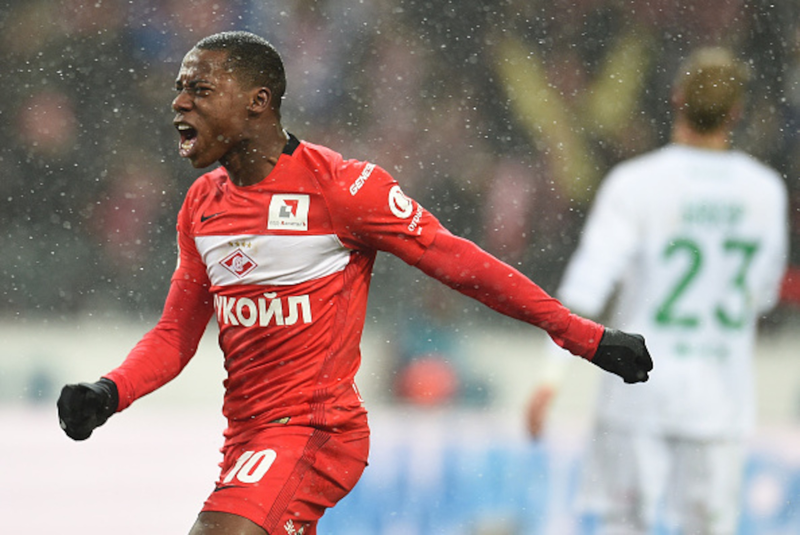 MOSCOW, RUSSIA - DECEMBER 05: Quincy Promes of FC Spartak Moscow celebrates after scoring a goal during the Russian Premier League match between FC Spartak Moscow v FC Rubin Kazan at Otkrytie Arena Stadium on December 05, 2016 in Moscow, Russia. (Photo by
