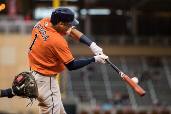 MINNEAPOLIS, MN- AUGUST 11: Carlos Correa #1 of the Houston Astros bats against the Minnesota Twins on August 11, 2016 at Target Field in Minneapolis, Minnesota. The Astros defeated the Twins 10-2. (Photo by Brace Hemmelgarn/Minnesota Twins/Getty Images)