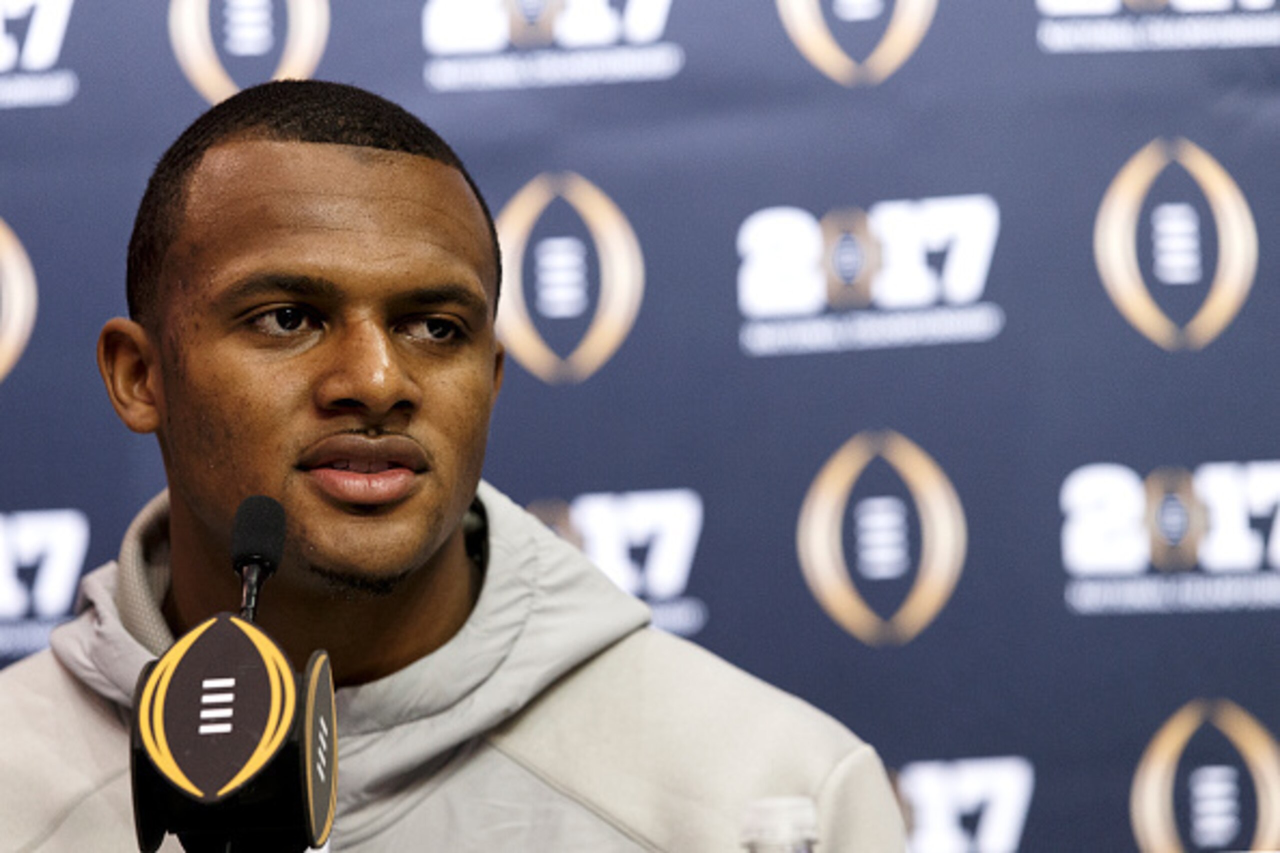 TAMPA, FL - JANUARY 7: Quarterback Deshaun Watson #4 of the Clemson Tigers addresses the media during Media Day before the College Football Playoff National Championship Game at Amalie Arena on January 7, 2017 in Tampa, Florida. (Photo by Don Juan Moore/G
