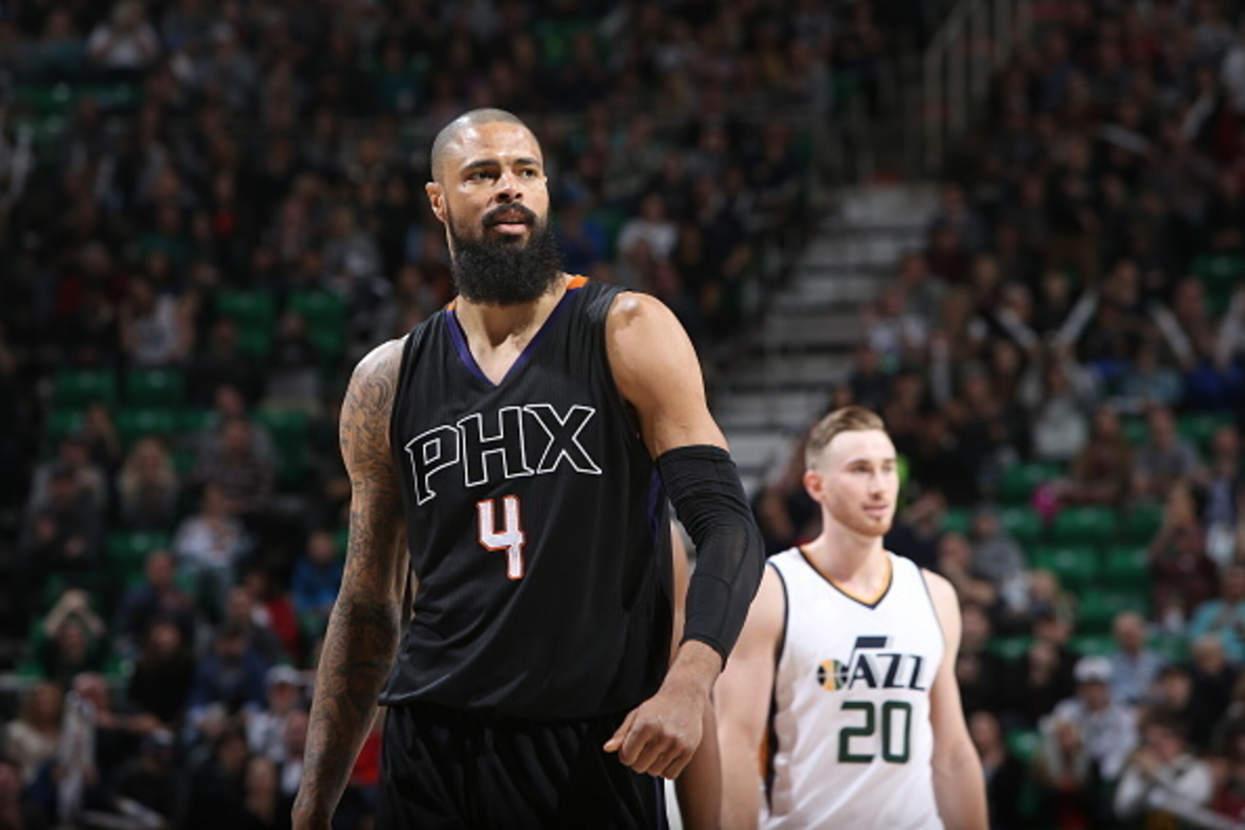 SALT LAKE CITY, UT - DECEMBER 31: Tyson Chandler #4 of the Phoenix Suns is seen during the game against the Utah Jazz on December 31, 2016 at vivint.SmartHome Arena in Salt Lake City, Utah. NOTE TO USER: User expressly acknowledges and agrees that, by dow