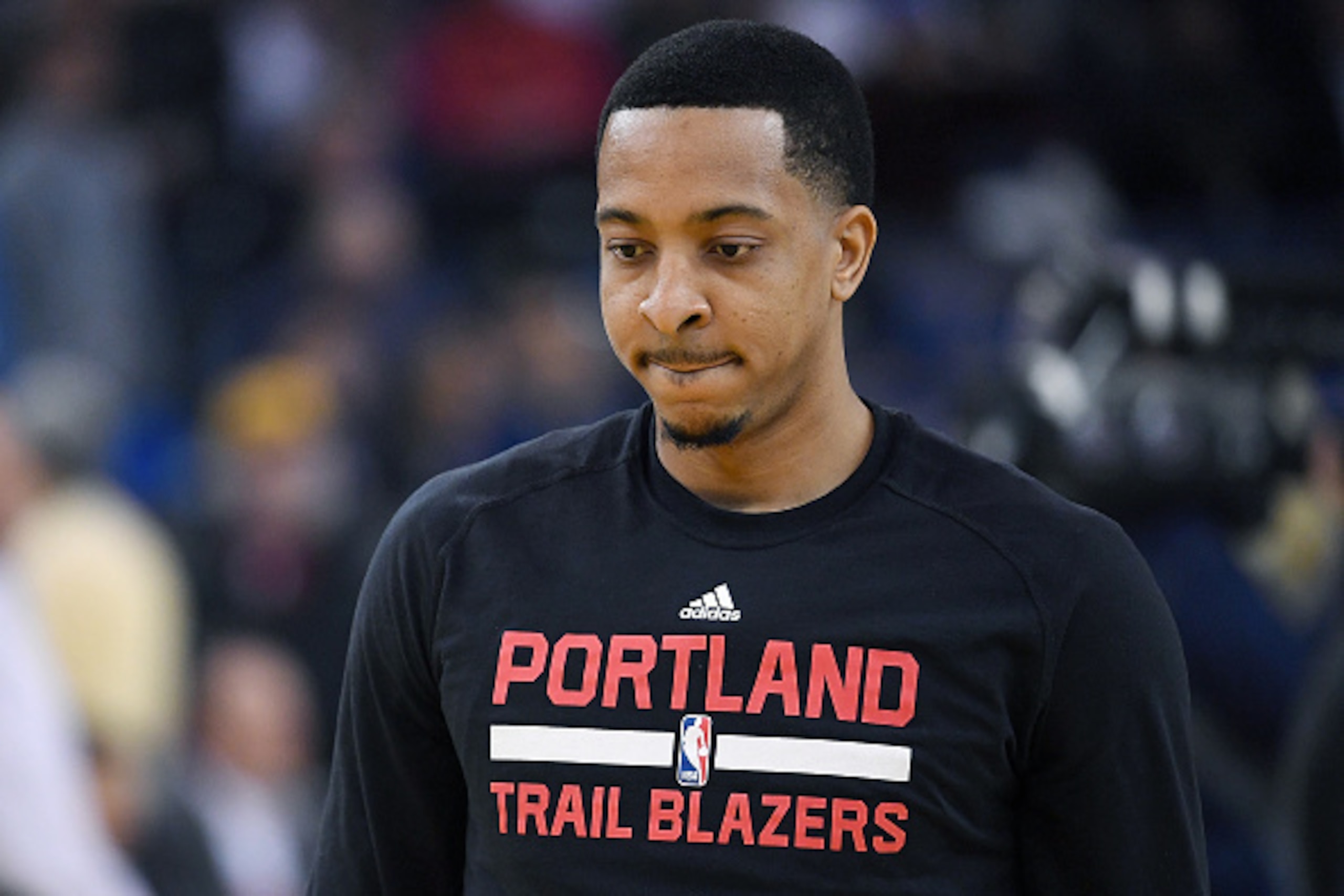 OAKLAND, CA - JANUARY 04:  C.J. McCollum #3 of the Portland Trail Blazers looks on during warm ups prior to the start of an NBA basketball game against the Golden State Warriors at ORACLE Arena on January 2, 2017 in Oakland, California. NOTE TO USER: User