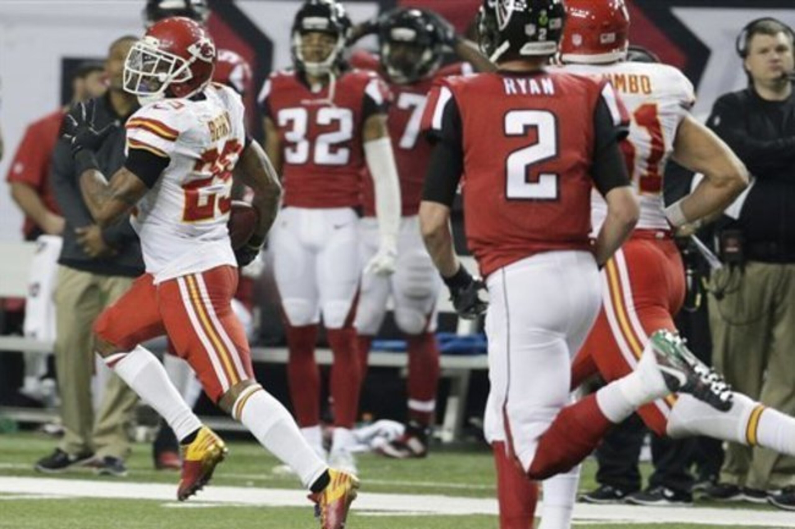 The Chiefs' Eric Berry (left) snagged two interceptions against the Falcons the last time these two teams met.