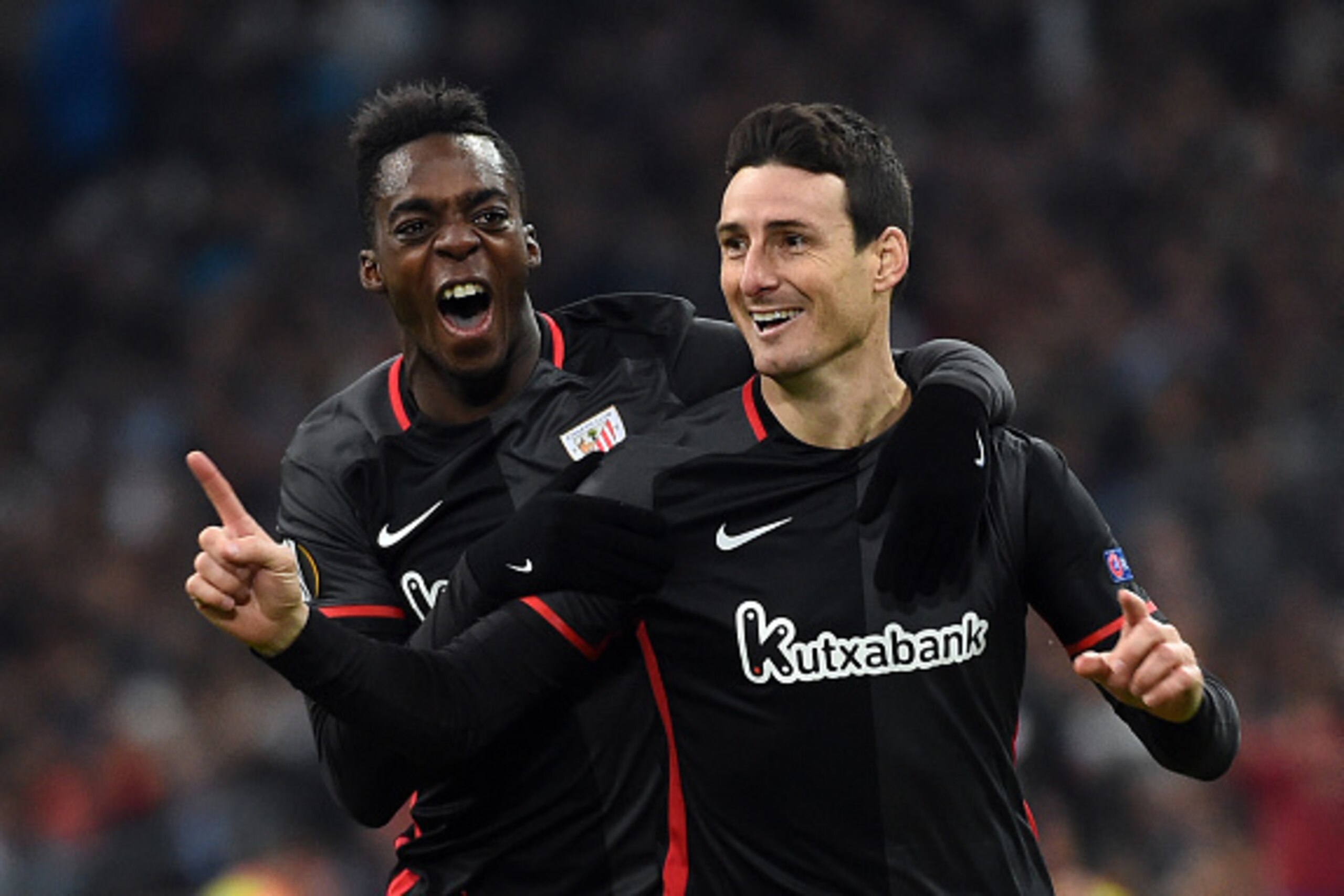 Athletic Bilbao's forward Aritz Aduriz (R) celebrates with with Athletic Bilbao's forward Inaki Williams after scoring a goal during the UEFA Europa League football match between Marseille and Athletic Bilbao at Velodrome Stadium in Marseille on February Athletic Bilbao's forward Aritz Aduriz (R) celebrates with with Athletic Bilbao's forward Inaki Williams after scoring a goal during the UEFA Europa League football match between Marseille and Athletic Bilbao at Velodrome Stadium in Marseille on February