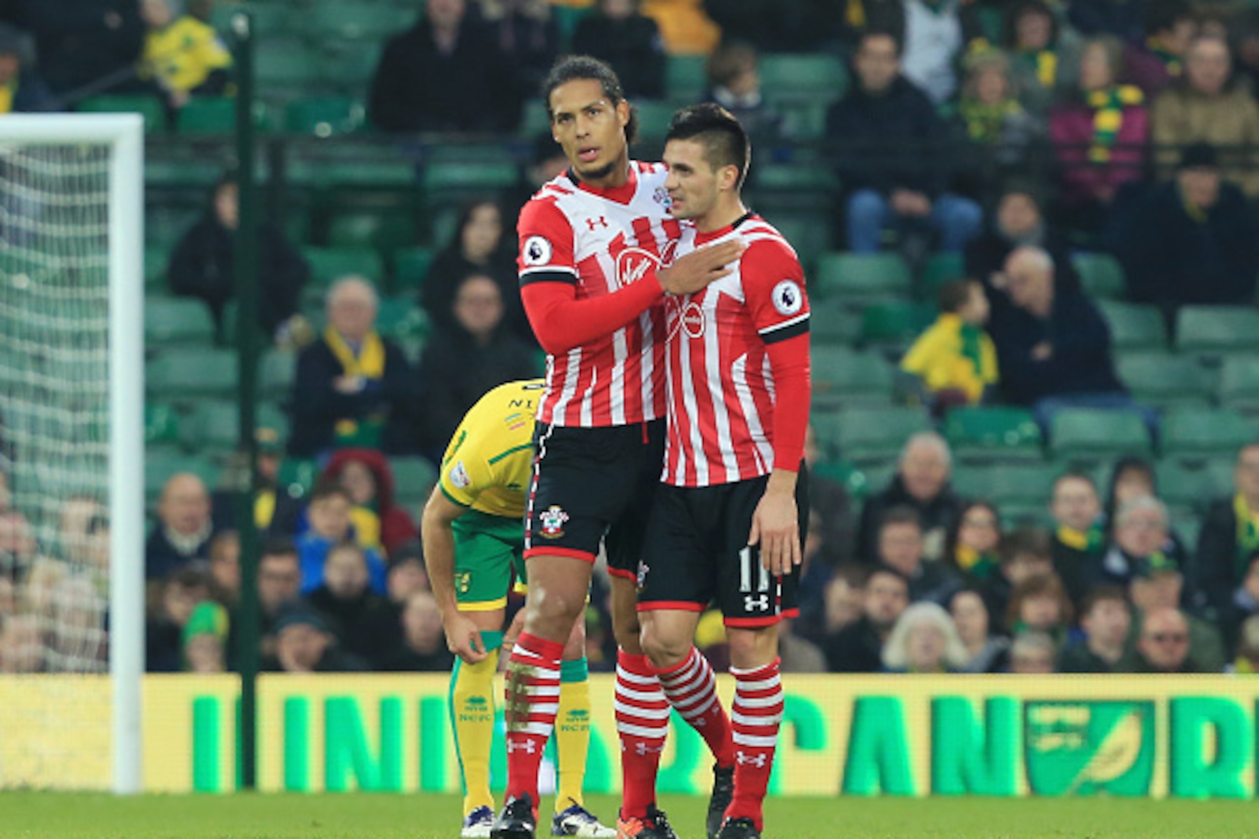 NORWICH, ENGLAND - JANUARY 07:  Virgil van Dijk of Southampton celebrates with Dusan Tadic of Southampton after scoring his sides first goal during the Emirates FA Cup Third Round match between Norwich City and Southampton at Carrow Road on January 7, 201