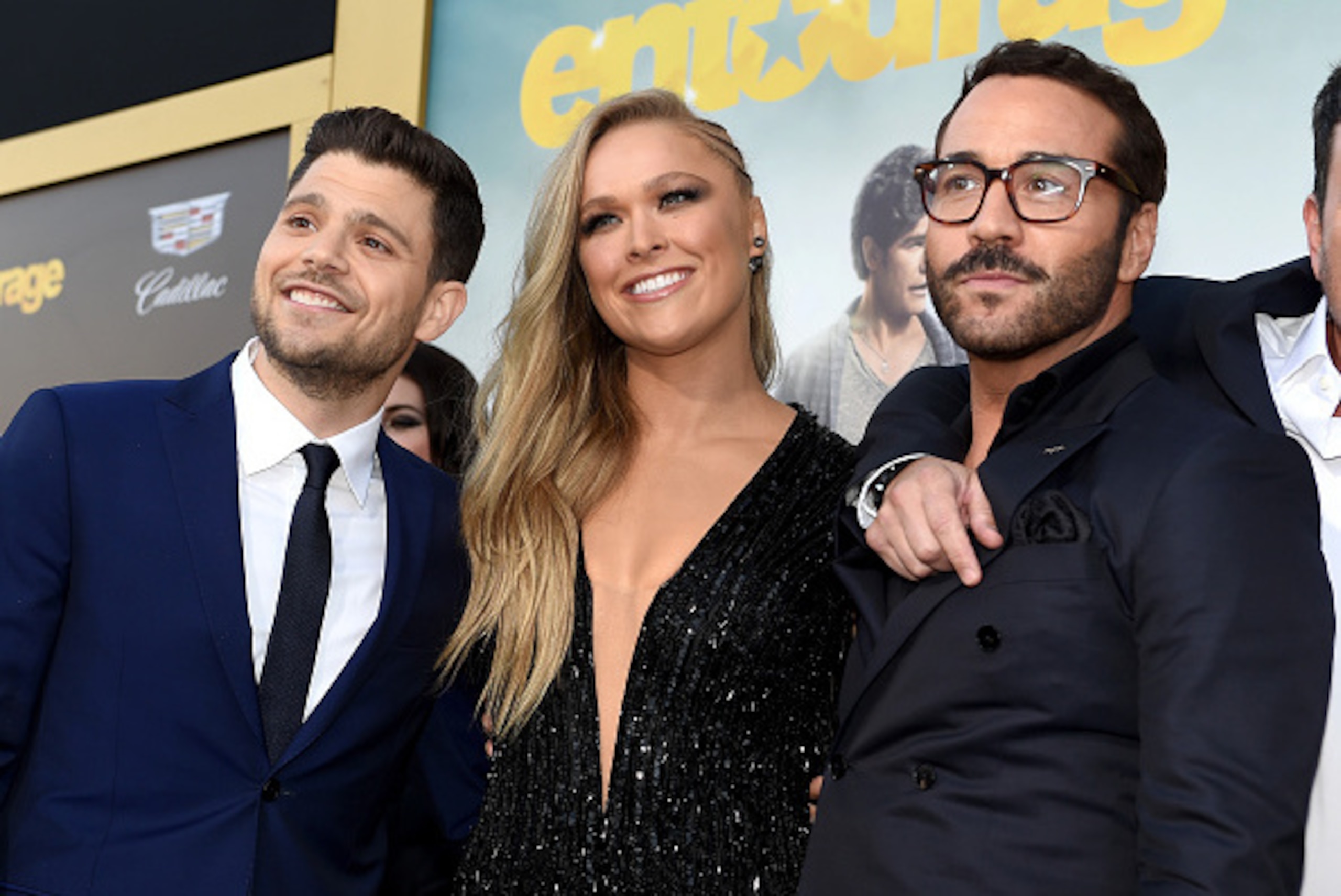 WESTWOOD, CA - JUNE 01:  (L-R) Actors Jerry Ferrara, Ronda Rousey and Jeremy Piven attend the premiere of Warner Bros. Pictures' 'Entourage' at Regency Village Theatre on June 1, 2015 in Westwood, California.  (Photo by Kevin Winter/Getty Images)