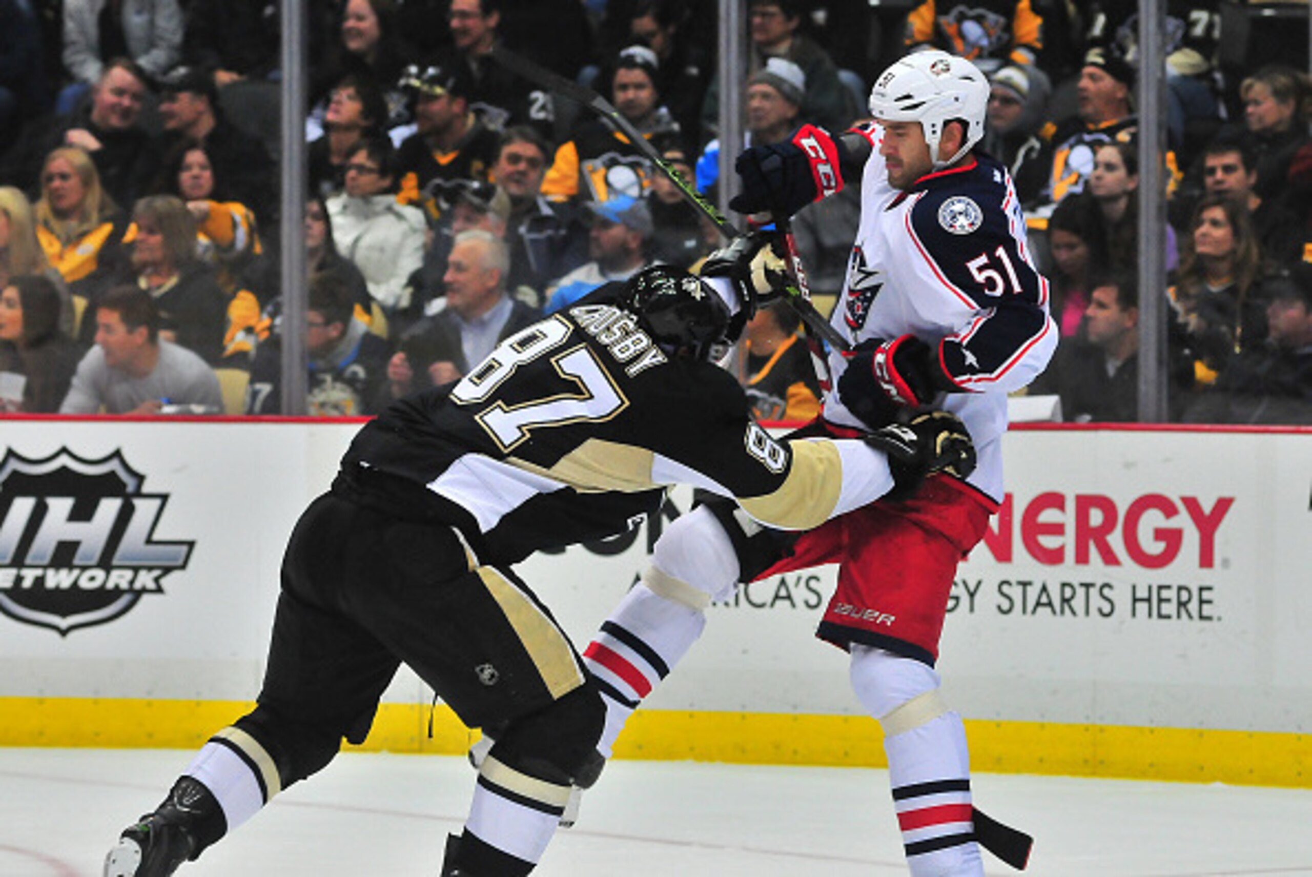 PITTSBURGH, PA - NOVEMBER 13: Sydney Crosby #87 of the Pittsburgh Penguins shoves Fedor Tyutin #51 of the Columbus Blue Jackets during the game at Consol Energy Center on November 13, 2015 in Pittsburgh, Pennsylvania. (Photo by Matt Kincaid/Getty Images) PITTSBURGH, PA - NOVEMBER 13: Sydney Crosby #87 of the Pittsburgh Penguins shoves Fedor Tyutin #51 of the Columbus Blue Jackets during the game at Consol Energy Center on November 13, 2015 in Pittsburgh, Pennsylvania. (Photo by Matt Kincaid/Getty Images)