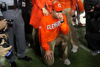 TAMPA, FL - JANUARY 09:  Head coach Dabo Swinney of the Clemson Tigers reacts after defeating the Alabama Crimson Tide 35-31 to win the 2017 College Football Playoff National Championship Game at Raymond James Stadium on January 9, 2017 in Tampa, Florida.
