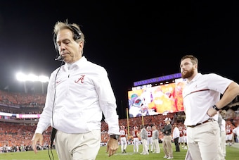 TAMPA, FL - JANUARY 09:  Head coach Nick Saban of the Alabama Crimson Tide reacts after the Clemson Tigers defeated the Alabama Crimson Tide 35-31 in the 2017 College Football Playoff National Championship Game at Raymond James Stadium on January 9, 2017 