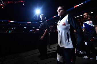 SIOUX FALLS, SD - JULY 13:   Lauren Murphy prepares to enter the Octagon before facing Katlyn Chookagian in their women's bantamweight bout during the UFC Fight Night event on July 13, 2016 at Denny Sanford Premier Center in Sioux Falls, South Dakota. (Ph