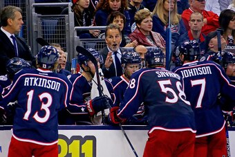 COLUMBUS, OH - NOVEMBER 14: Head Coach Todd John Tortorella of the Columbus Blue Jackets talks to his players during a timeout in the game against the Arizona Coyotes on November 14, 2015 at Nationwide Arena in Columbus, Ohio. Columbus defeated Arizona 5-