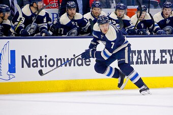 COLUMBUS, OH - DECEMBER 23:  Jack Johnson #7 of the Columbus Blue Jackets skates after the puck during the game against the Montreal Canadiens on December 23, 2016 at Nationwide Arena in Columbus, Ohio. (Photo by Kirk Irwin/Getty Images)