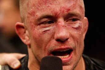 LAS VEGAS, NV - NOVEMBER 16:  Georges St-Pierre is interviewed during the UFC 167 event inside the MGM Grand Garden Arena on November 16, 2013 in Las Vegas, Nevada. (Photo by Josh Hedges/Zuffa LLC/Zuffa LLC via Getty Images)