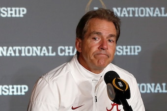 TAMPA, FL - JANUARY 09:  Head coach Nick Saban of the Alabama Crimson Tide speaks during a press conference after the Clemson Tigers defeated the Alabama Crimson Tide 35-31 in the 2017 College Football Playoff National Championship Game at Raymond James S