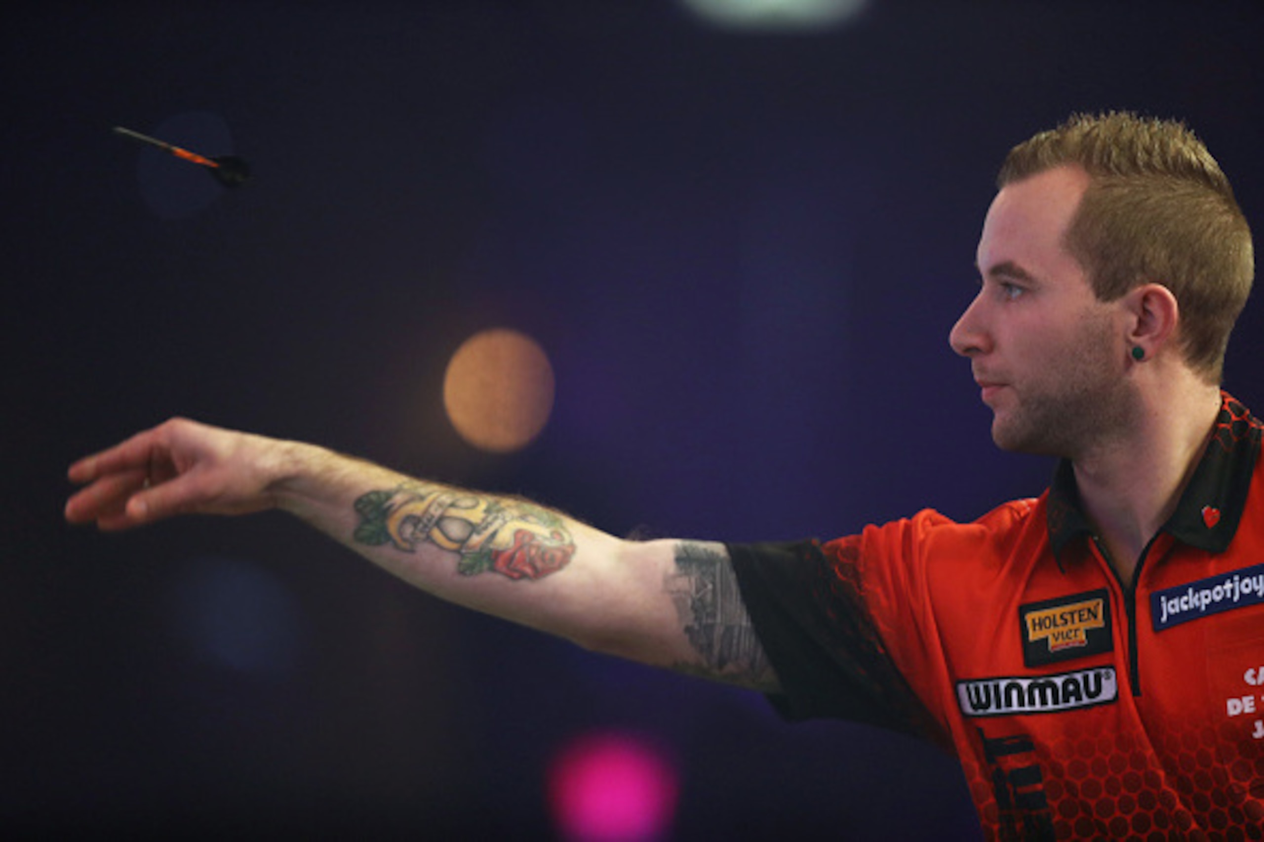 FRIMLEY, ENGLAND - JANUARY 10:  Danny Noppert of Canada in action during his first round match against David Cameron on day four of the BDO Lakeside World Professional Darts Championships on January 10, 2017 in Frimley, England.  (Photo by Bryn Lennon/Get