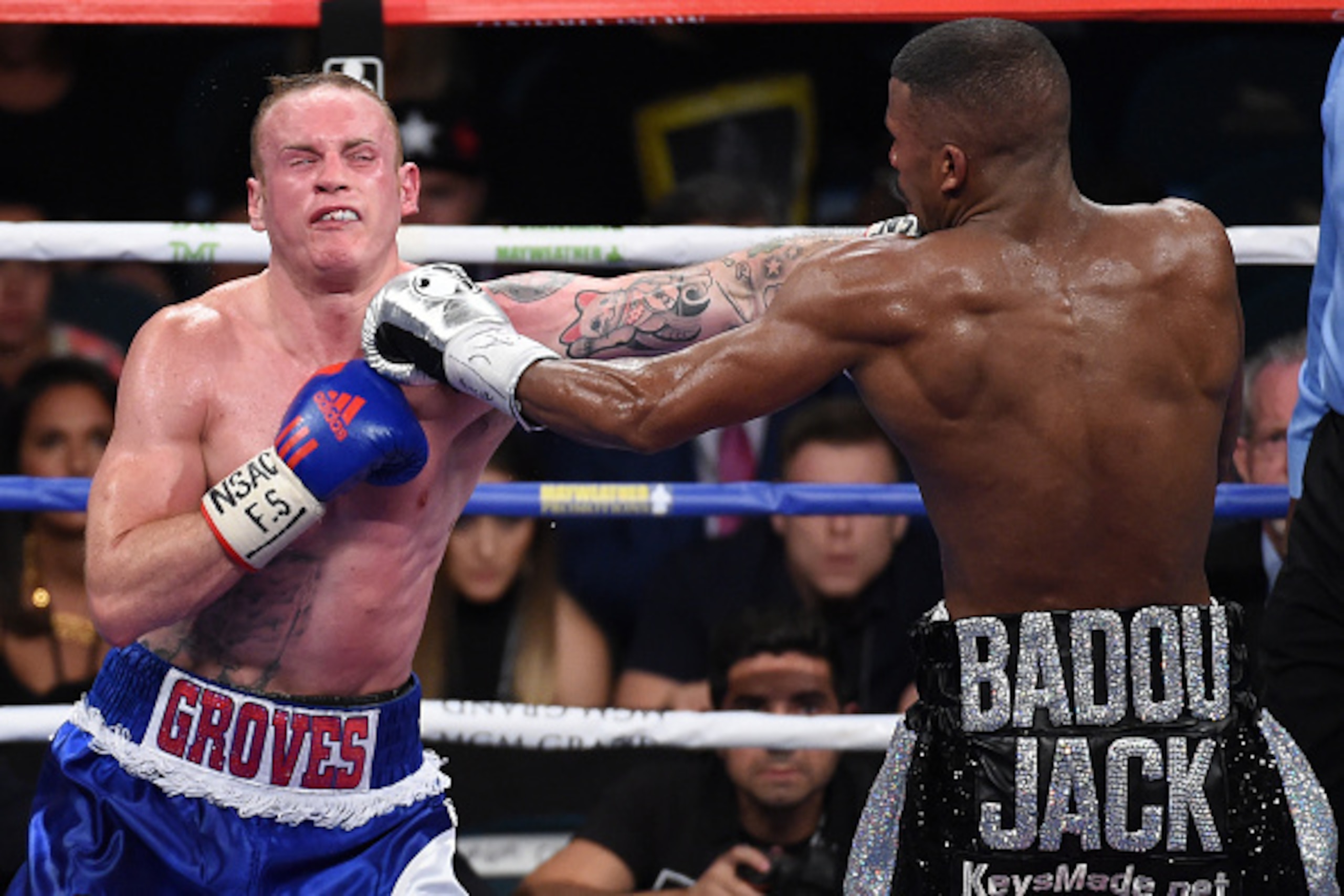 LAS VEGAS, NV - SEPTEMBER 12:  Badou Jack and George Groves trade punches during their WBC super middleweight title fight at MGM Grand Garden Arena on September 12, 2015 in Las Vegas, Nevada.  (Photo by Ethan Miller/Getty Images)