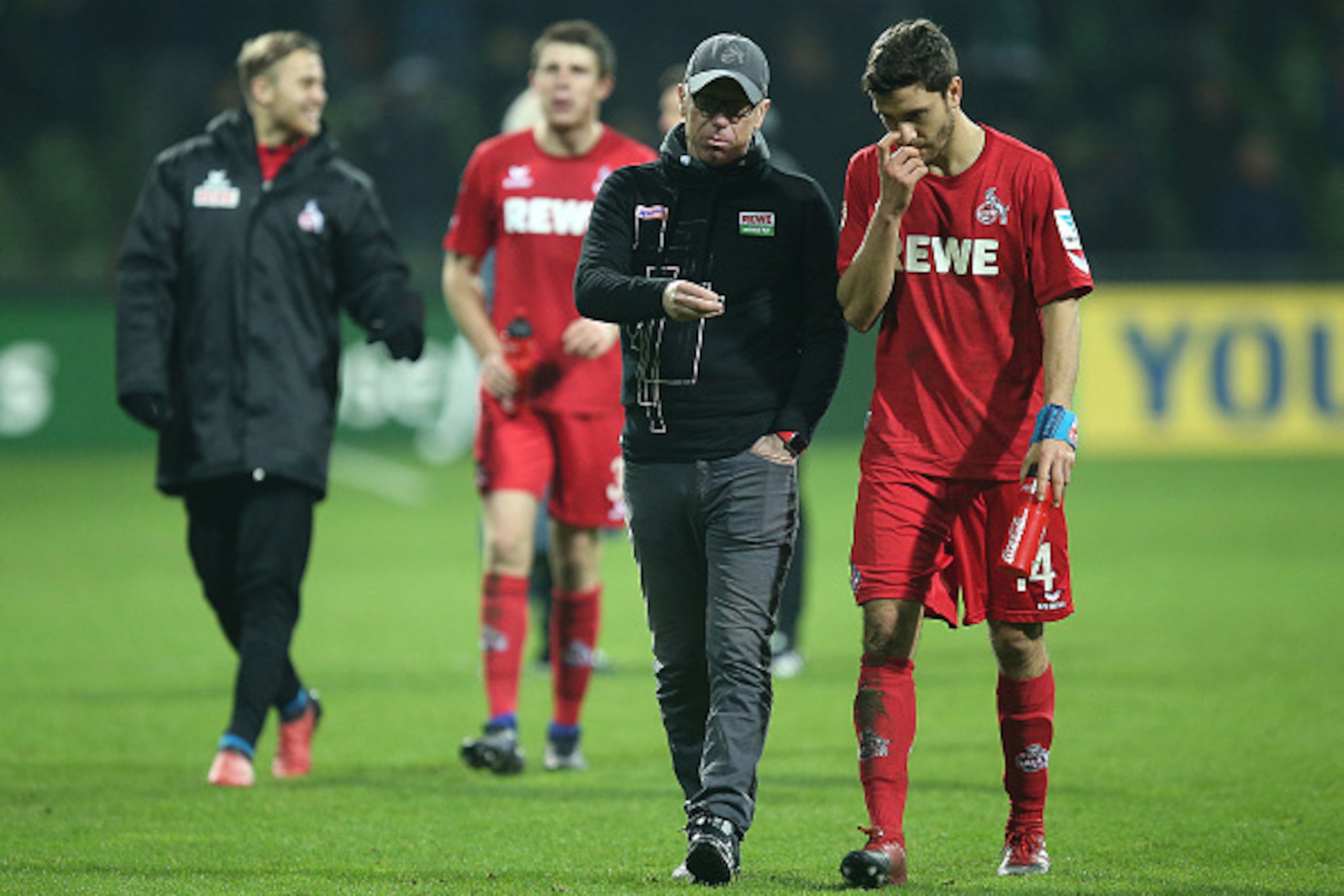 BREMEN, GERMANY - DECEMBER 17: Coach Peter Stoeger of Cologneand Jonas Hector of Cologne disappointed after the Bundesliga match between Werder Bremen and 1. FC Koeln at Weserstadion on December 17, 2016 in Bremen, Germany. (Photo by TF-Images/Getty Image