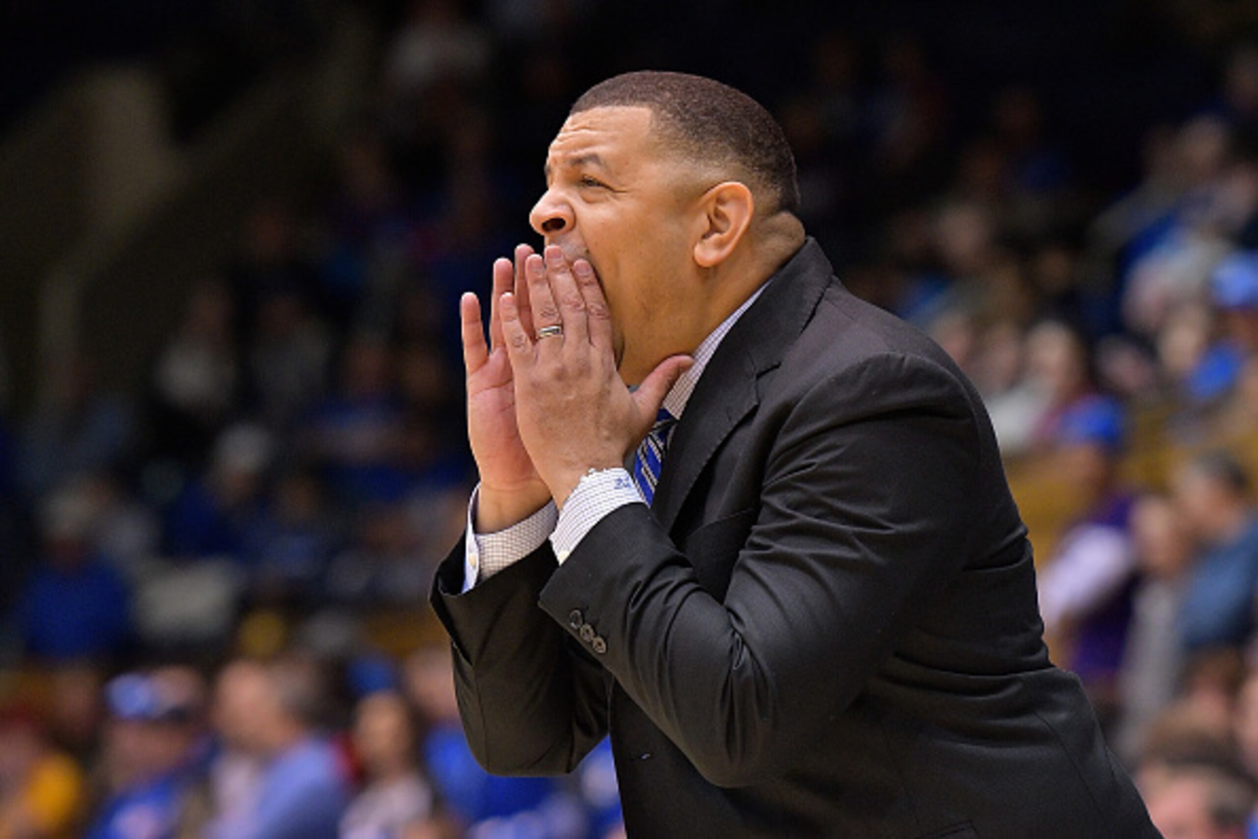 DURHAM, NC - JANUARY 07:  Acting head coach Jeff Capel of the Duke Blue Devils directs his team during the game against the Boston College Eagles at Cameron Indoor Stadium on January 7, 2017 in Durham, North Carolina. Duke won 93-82.  (Photo by Grant Halv