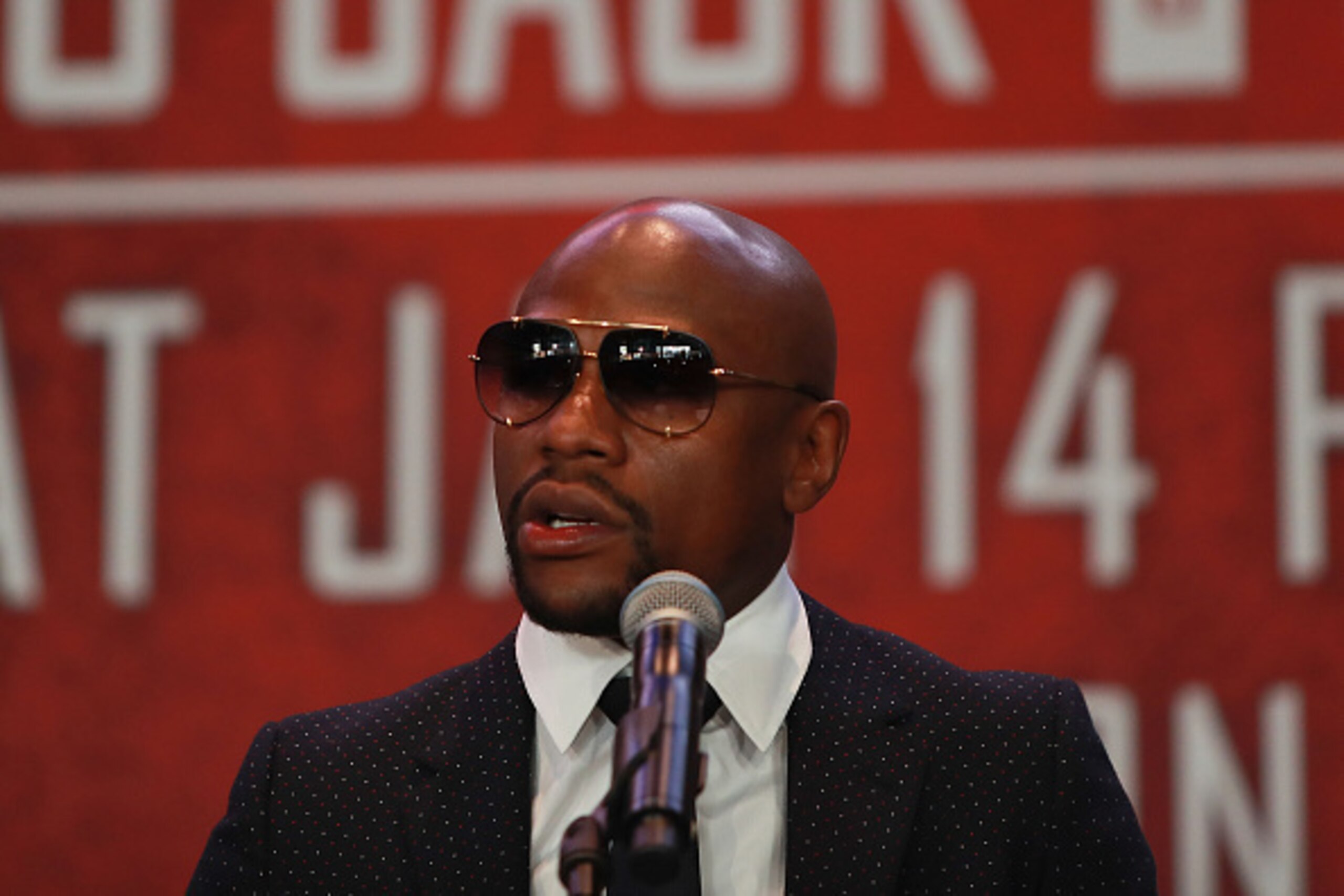 NEW YORK, NY - NOVEMBER 16:  President of Mayweather Promotions Floyd Mayweather addresses the crowd during the press conference announcing the Badou Jack v James DeGale Super Middleweight World Title Unification Bout at Barclays Center on November 16, 20