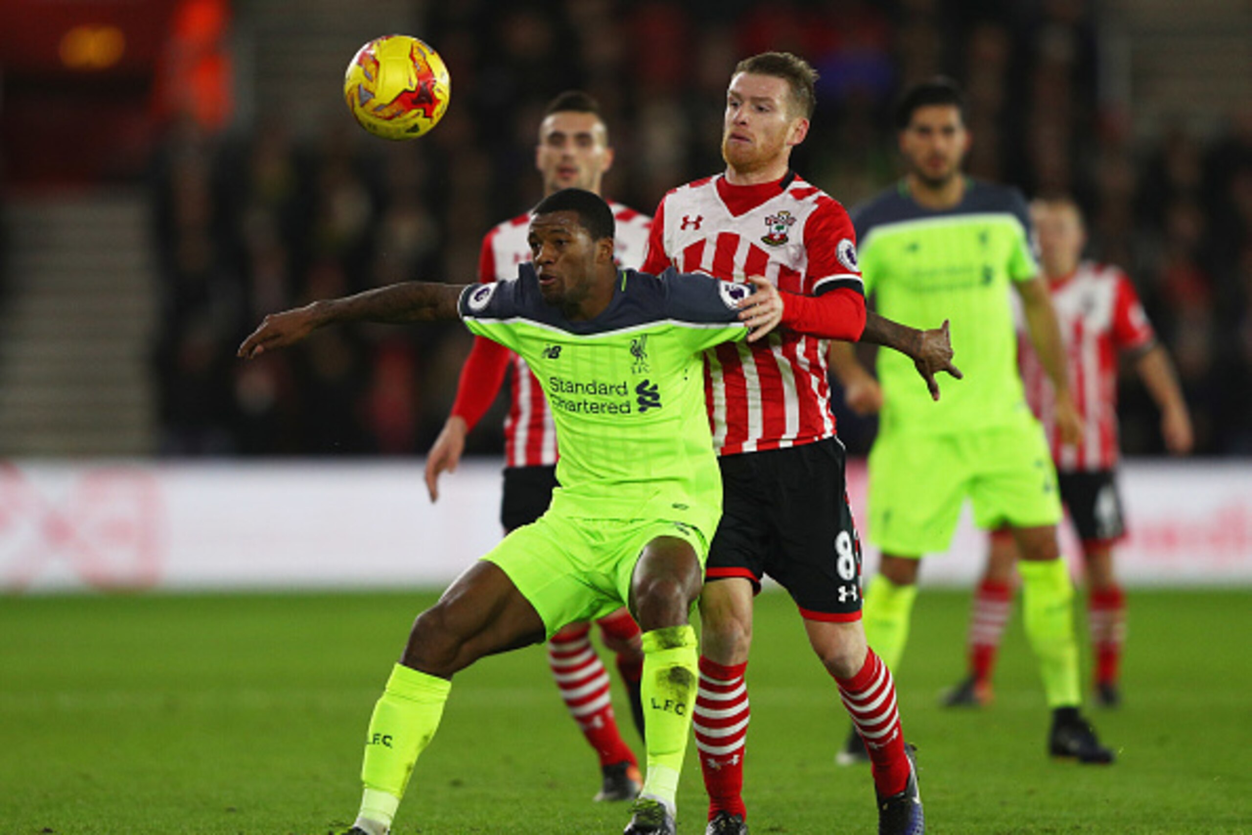 SOUTHAMPTON, ENGLAND - JANUARY 11: Georginio Wijnaldum of Liverpool holds off Steven Davis of Southampton during the EFL Cup semi-final first leg match between Southampton and Liverpool at St Mary's Stadium on January 11, 2017 in Southampton, England. ( SOUTHAMPTON, ENGLAND - JANUARY 11: Georginio Wijnaldum of Liverpool holds off Steven Davis of Southampton during the EFL Cup semi-final first leg match between Southampton and Liverpool at St Mary's Stadium on January 11, 2017 in Southampton, England. (