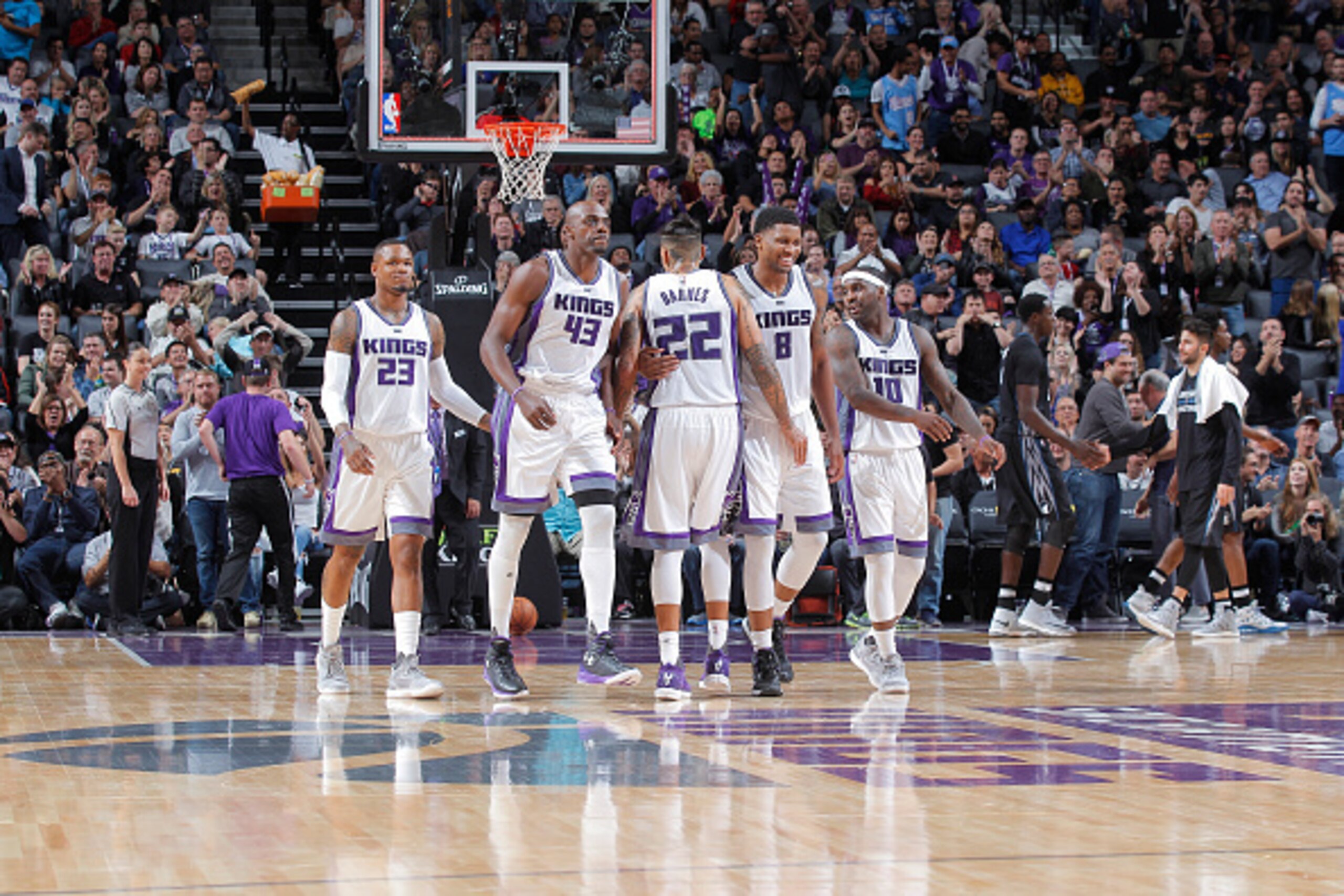 SACRAMENTO, CA - OCTOBER 29: Matt Barnes #22 of the Sacramento Kings celebrates with teammates Ben McLemore #23, Anthony Tolliver #43, Rudy Gay #8 and Ty Lawson #10 during the game against the Minnesota Timberwolves on October 29, 2016 at Golden 1 Center SACRAMENTO, CA - OCTOBER 29: Matt Barnes #22 of the Sacramento Kings celebrates with teammates Ben McLemore #23, Anthony Tolliver #43, Rudy Gay #8 and Ty Lawson #10 during the game against the Minnesota Timberwolves on October 29, 2016 at Golden 1 Center
