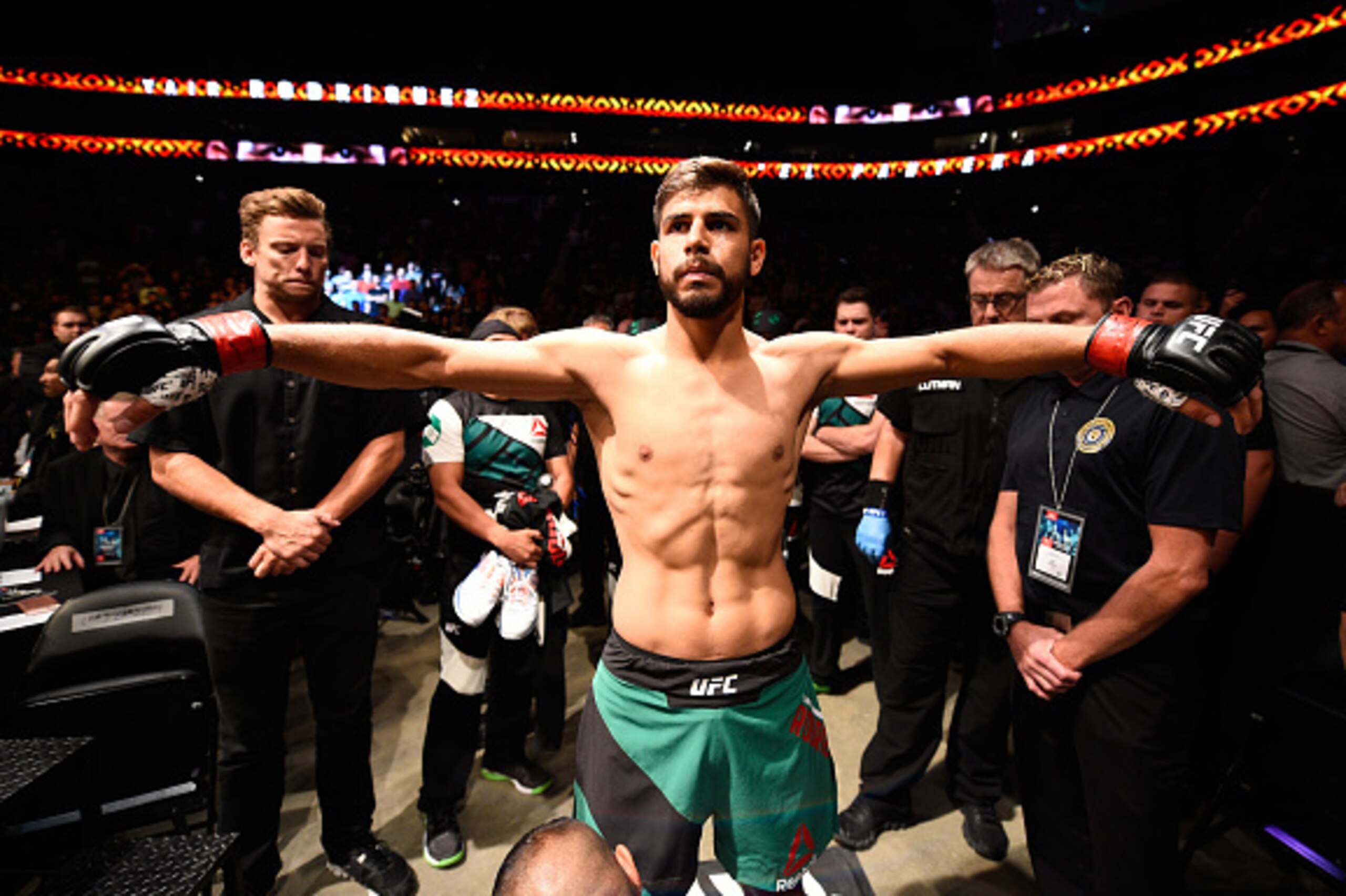 SALT LAKE CITY, UT - AUGUST 06:  Yair Rodriguez of Mexico prepares to enter the Octagon before facing Alex Caceres in their featherweight bout during the UFC Fight Night event at Vivint Smart Home Arena on August 6, 2016 in Salt Lake City, Utah. (Photo by