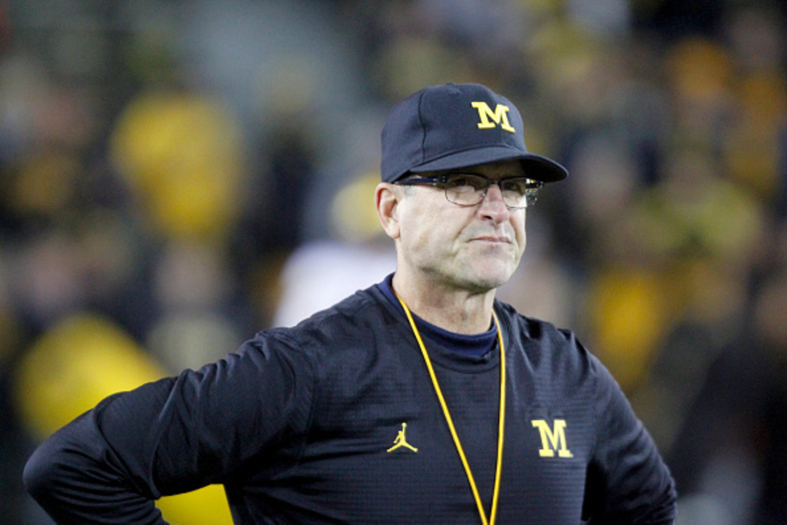 IOWA CITY, IOWA- NOVEMBER 12:  Head coach Jim Harbaugh of the Michigan Wolverines before the match-up against the Iowa Hawkeyes on November 12, 2016 at Kinnick Stadium in Iowa City, Iowa.  (Photo by Matthew Holst/Getty Images)