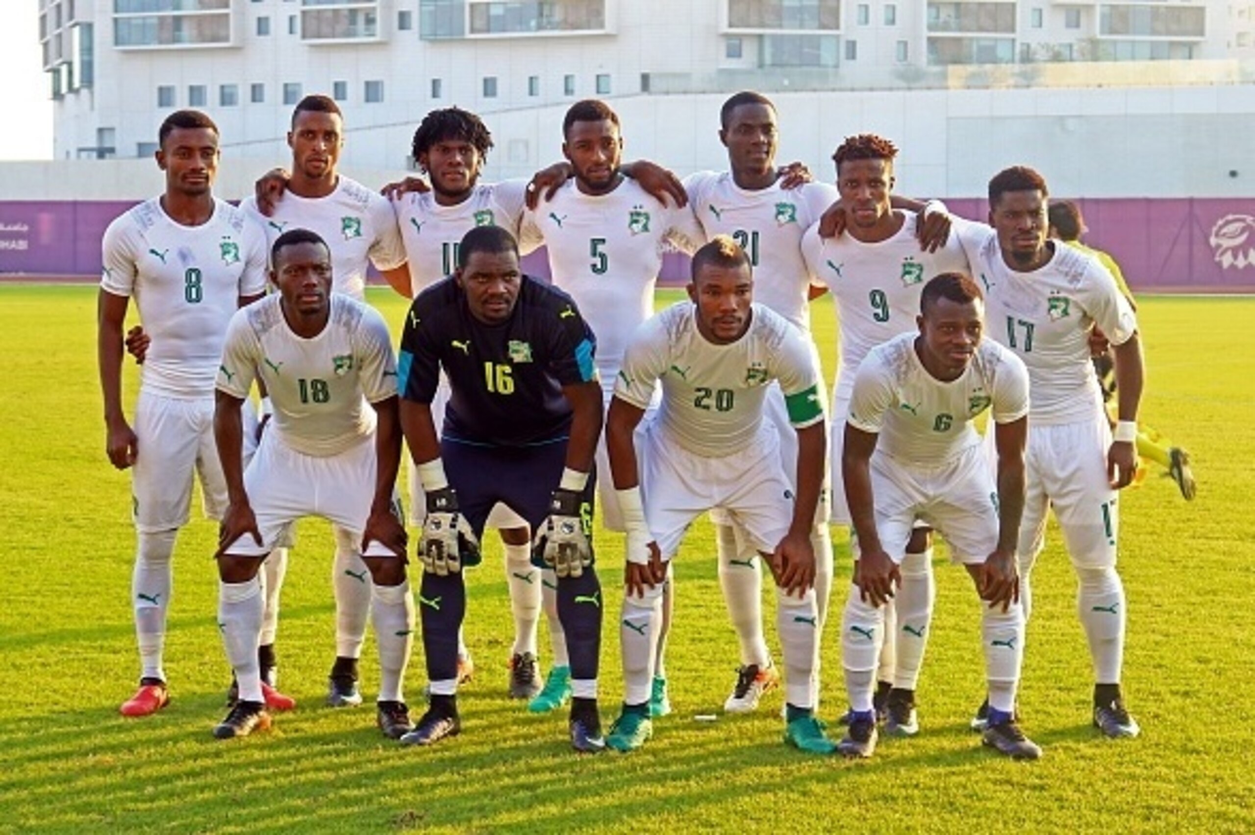 Ivory Coast's starting eleven (top L to R) forward Salomon Kalou, forward Jonathan Kodjia, midfielder Franck Kessie, defender Wilfried Kanon, defender Eric Bailly, forward Wilfried Zaha, defender Serge Aurier,  (bottom L to R) defender Adama Traore, goalk