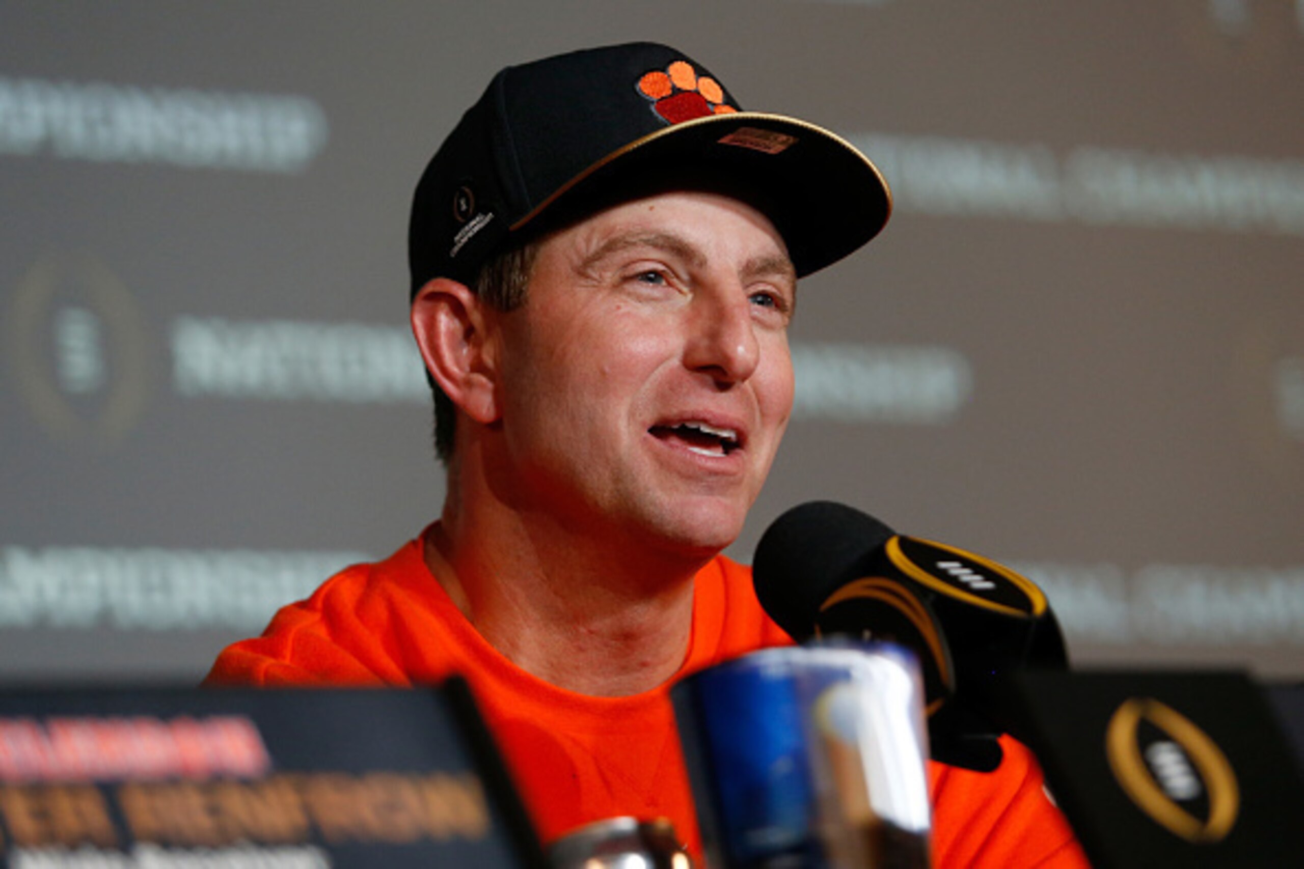 TAMPA, FL - JANUARY 09:  Head coach Dabo Swinney of the Clemson Tigers speaks during a press conference after defeating the Alabama Crimson Tide 35-31 to win the 2017 College Football Playoff National Championship Game at Raymond James Stadium on January 