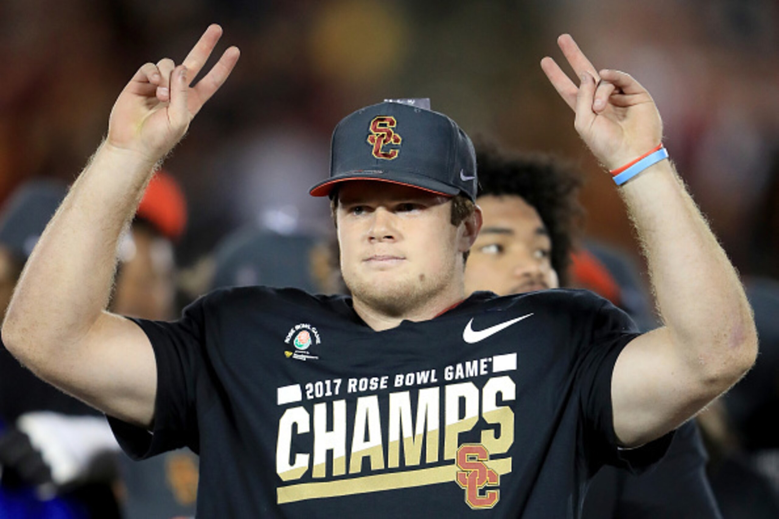 PASADENA, CA - JANUARY 02:  Quarterback Sam Darnold #14 of the USC Trojans celebrates after defeating the Penn State Nittany Lions 52-49 to win the 2017 Rose Bowl Game presented by Northwestern Mutual at the Rose Bowl on January 2, 2017 in Pasadena, Calif