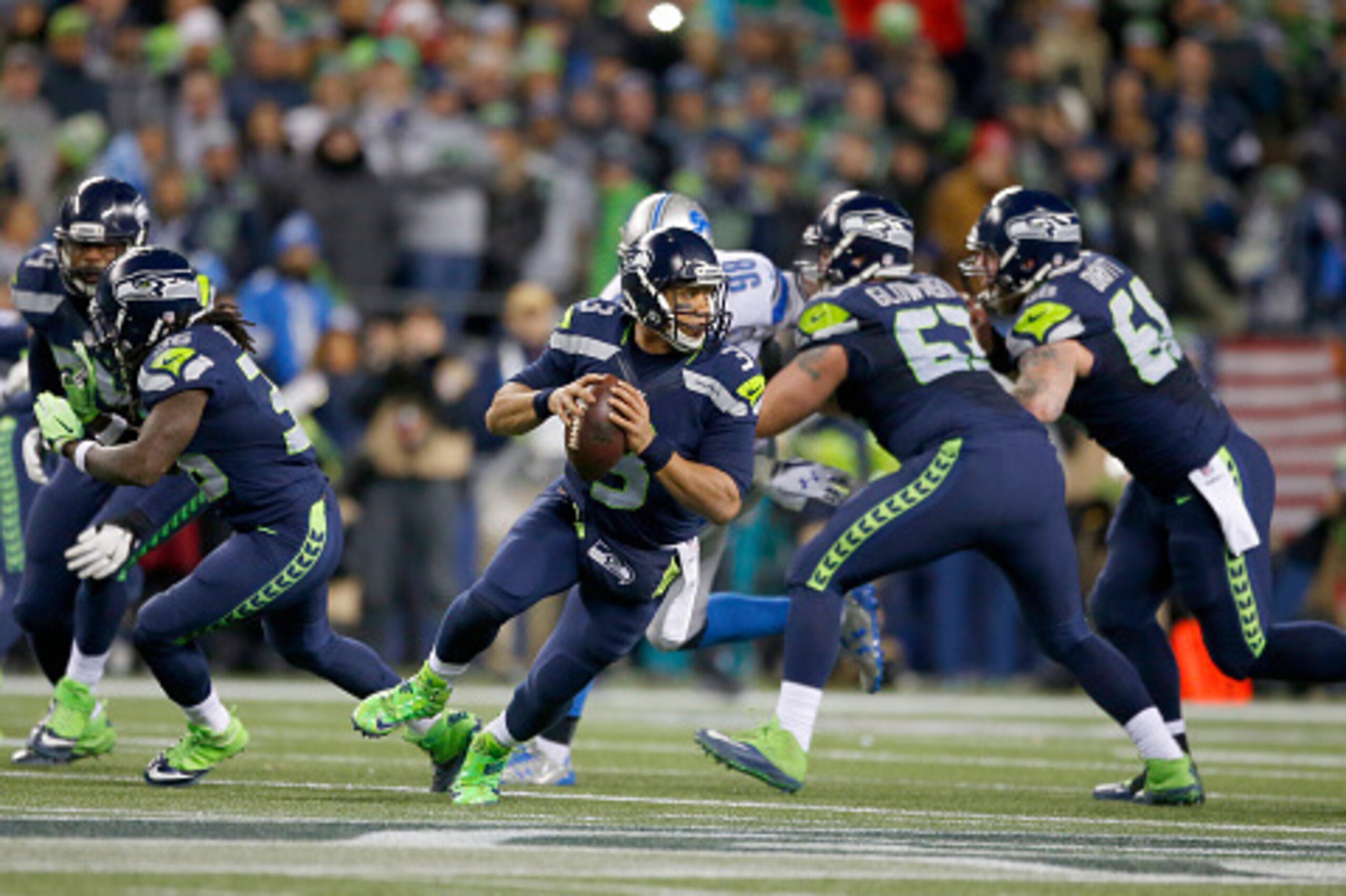 SEATTLE, WA - JANUARY 07:  Quarterback Russell Wilson #3 of the Seattle Seahawks drops back against the Detroit Lions in the NFC Wild Card game at CenturyLink Field on January 7, 2017 in Seattle, Washington.  (Photo by Otto Greule Jr/Getty Images)