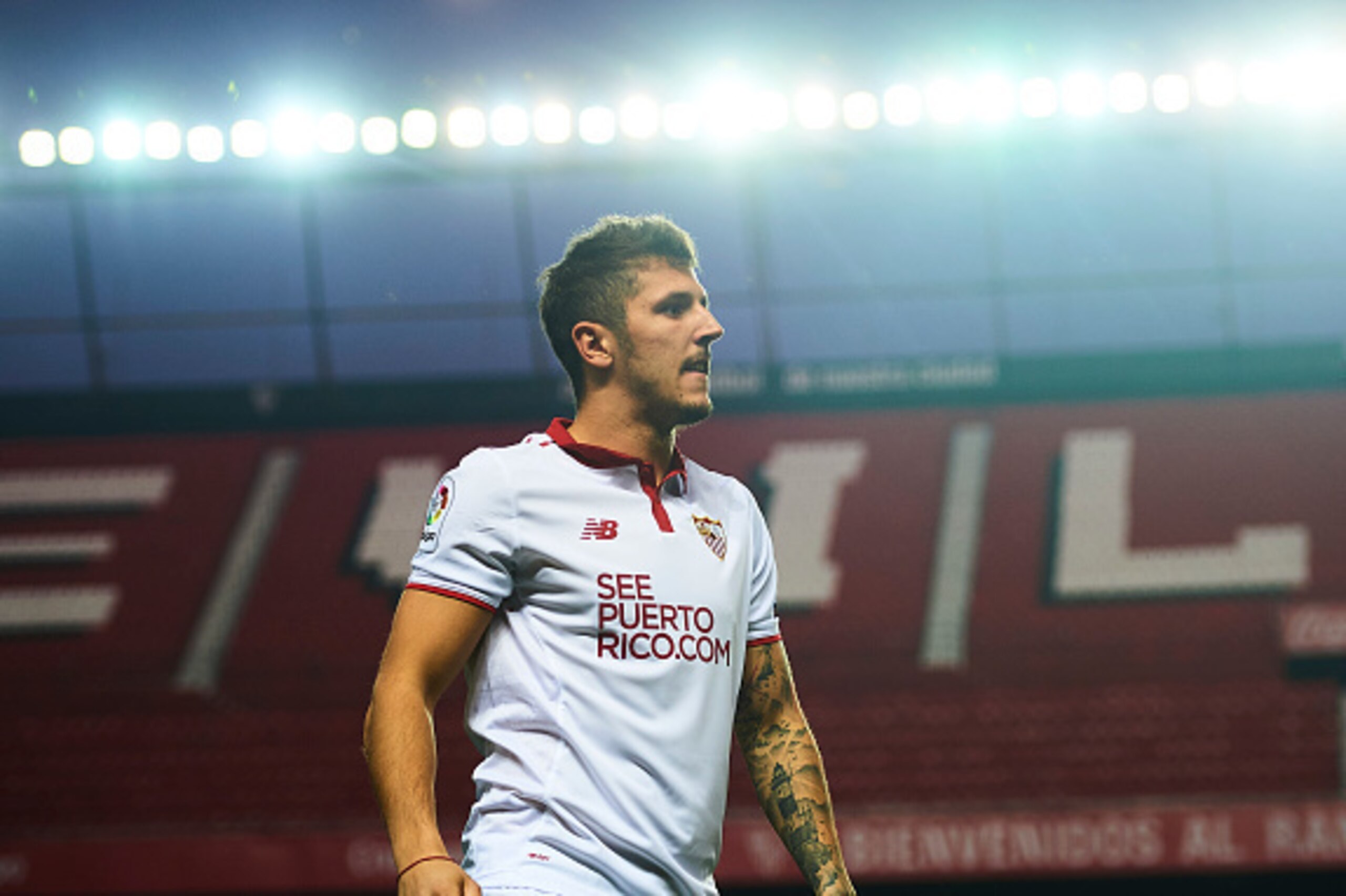 SEVILLE, SPAIN - JANUARY 10:  Stevan Jovetic of Sevilla FC during his official presentation at the Estadio Ramon Sanchez Pizjuan on January 10, 2017 in Seville, Spain.  (Photo by Aitor Alcalde Colomer/Getty Images)
