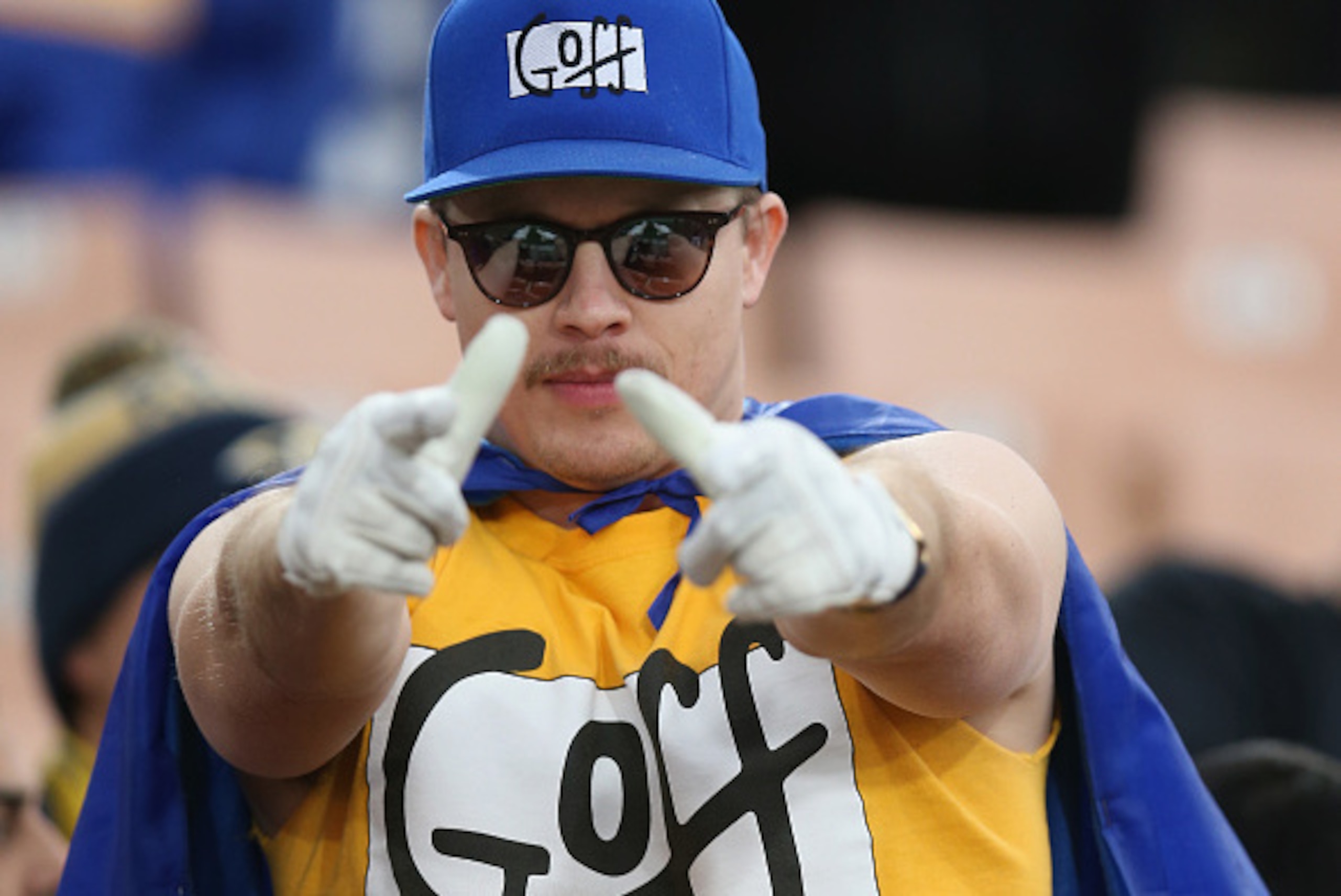 LOS ANGELES, CA - JANUARY 01: A Los Angeles Rams fan in a Jared Goff super hero type outfit gestures during the game with the Arizona Cardinals at Los Angeles Memorial Coliseum on January 1, 2017 in Los Angeles, California. (Photo by Stephen Dunn/Getty Im