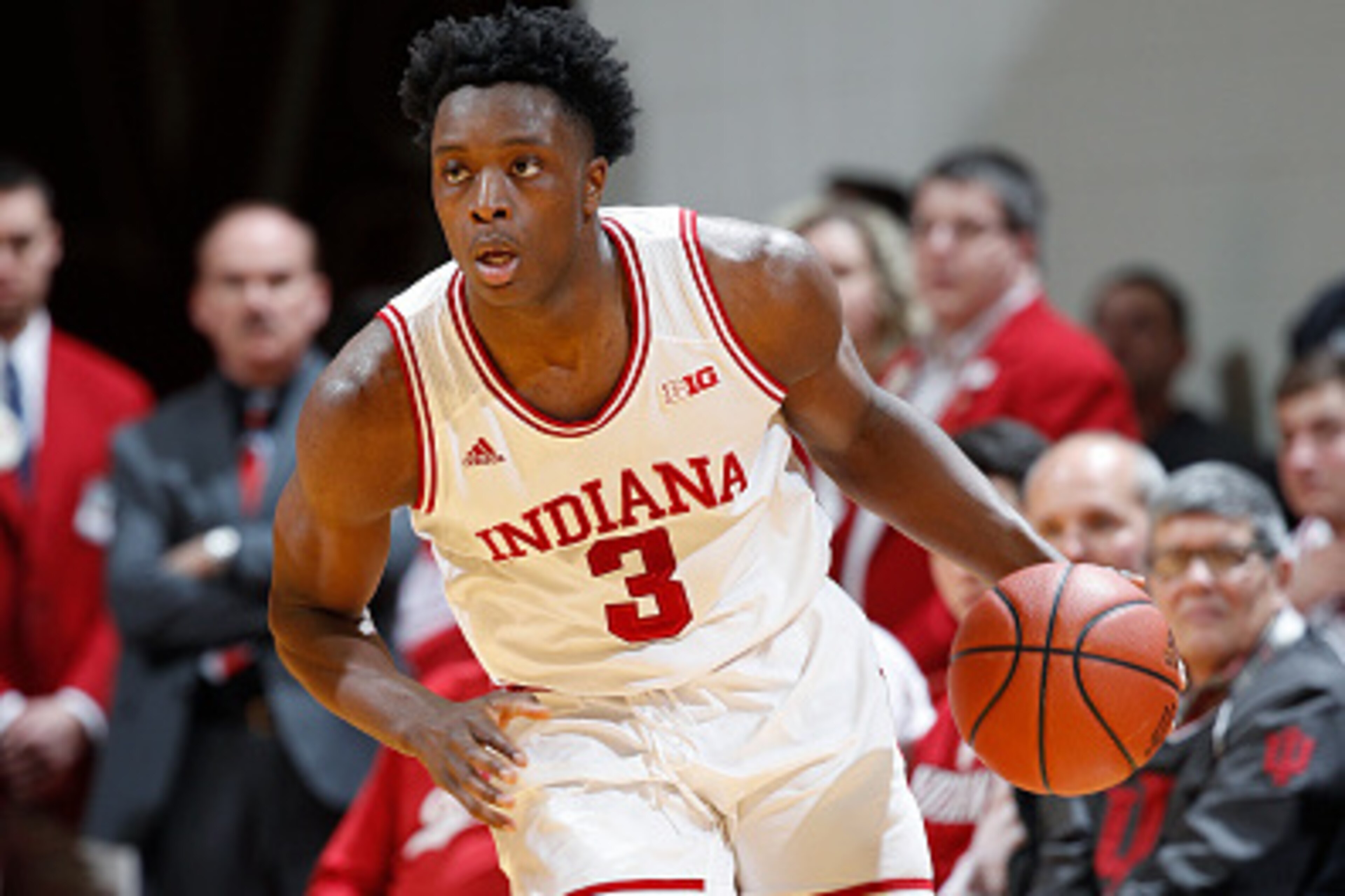 BLOOMINGTON, IN - JANUARY 07: OG Anunoby #3 of the Indiana Hoosiers handles the ball during the game against the Illinois Fighting Illini at Assembly Hall on January 7, 2017 in Bloomington, Indiana. Indiana defeated Illinois 96-80. (Photo by Joe Robbins/G
