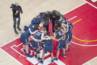 COLLEGE PARK, MD - DECEMBER 29:  The Connecticut Huskies huddle before a women's college basketball game against the Maryland Terrapins at the XFinity Center on December 29, 2016 in College Park, Maryland.  The Huskies won 87-81.  (Photo by Mitchell Layto