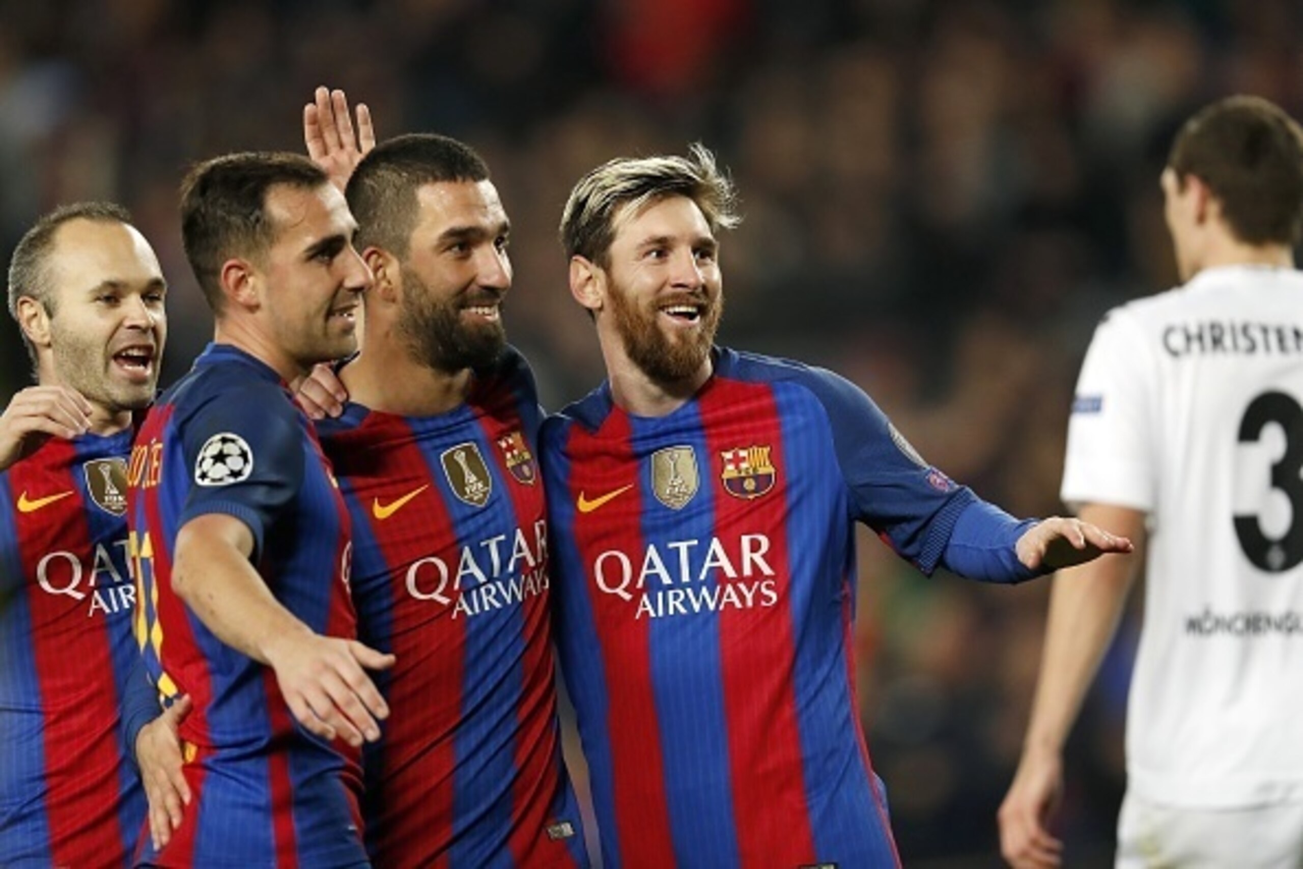 (L-R) Andres Iniesta of FC Barcelona, Paco Alcacer of FC Barcelona, Arda Turan of FC Barcelona, Lionel Messi of FC Barcelona, Andreas Christensen of Borussia Monchengladbachduring the UEFA Champions League group C match between FC Barcelona and Borussia M