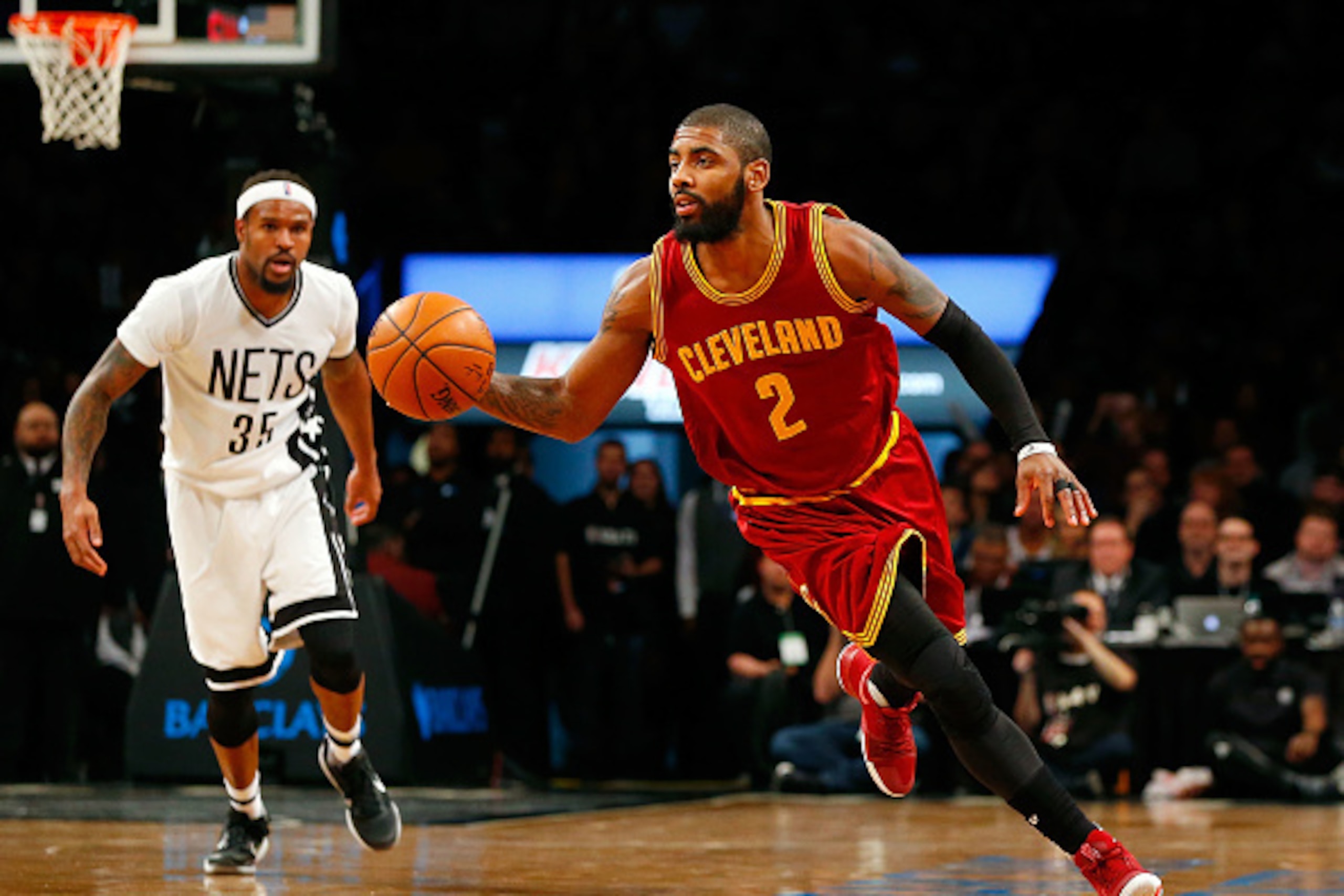 BROOKLYN, NY - JANUARY 06:  (NEW YORK DAILIES OUT)    Kyrie Irving #2 of the Cleveland Cavaliers in action against the Brooklyn Nets at Barclays Center on January 6, 2017 in the Brooklyn borough of New York City.  The Cavs defeated the Nets 116-108. NOTE 